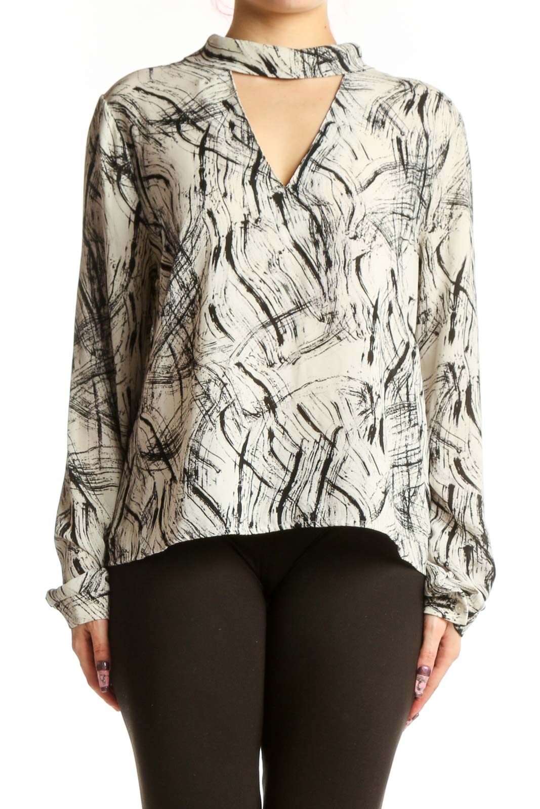 Cream Abstract Print Choker Blouse Front