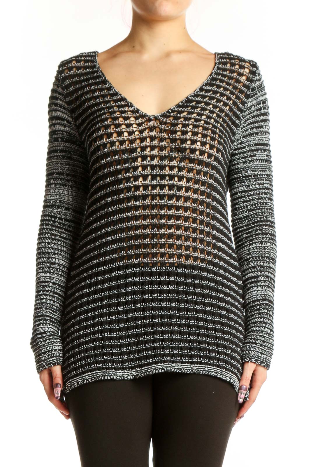 Black Textured V-Neck Knit Top Front