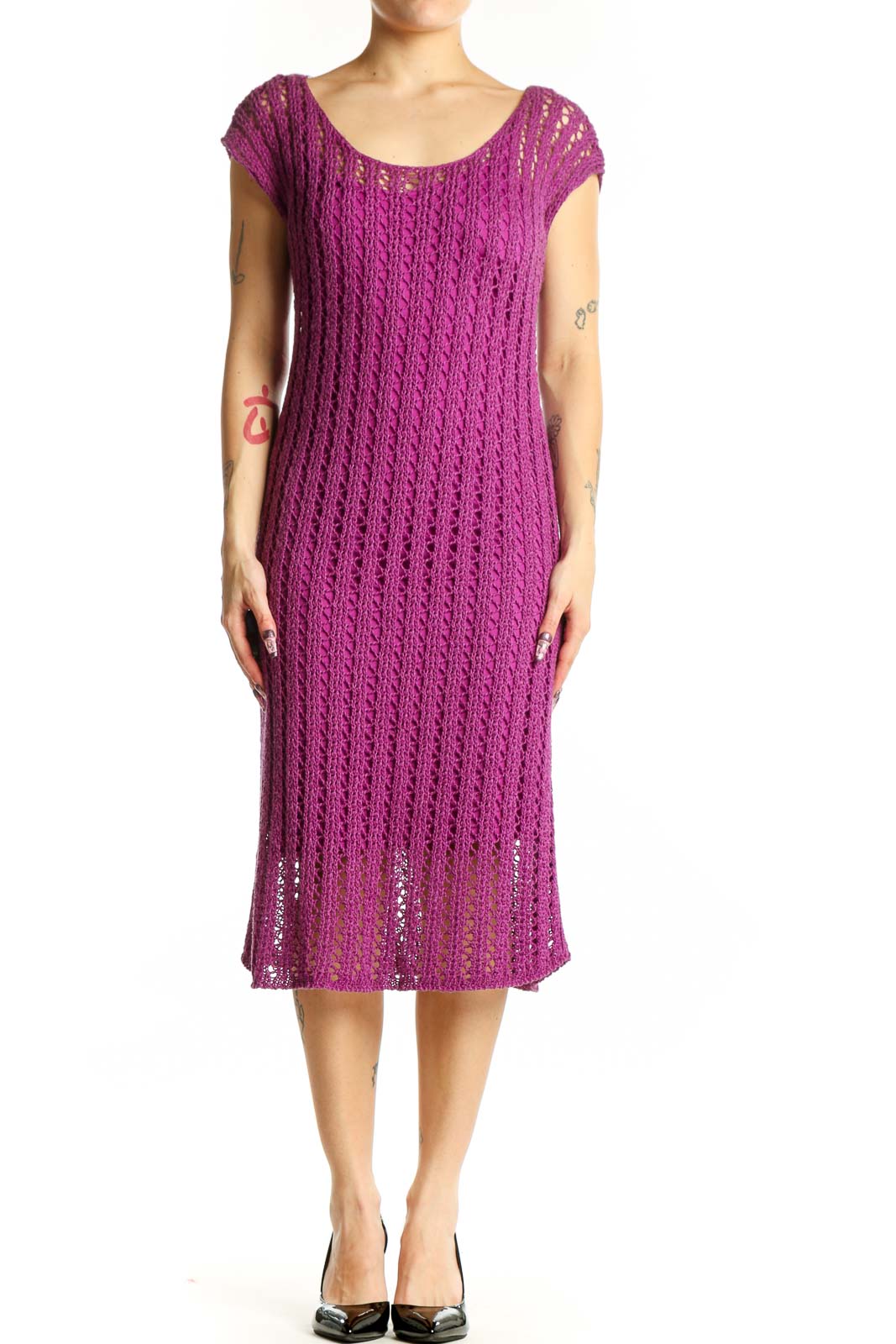Purple Ribbed Knit Midi Dress Front