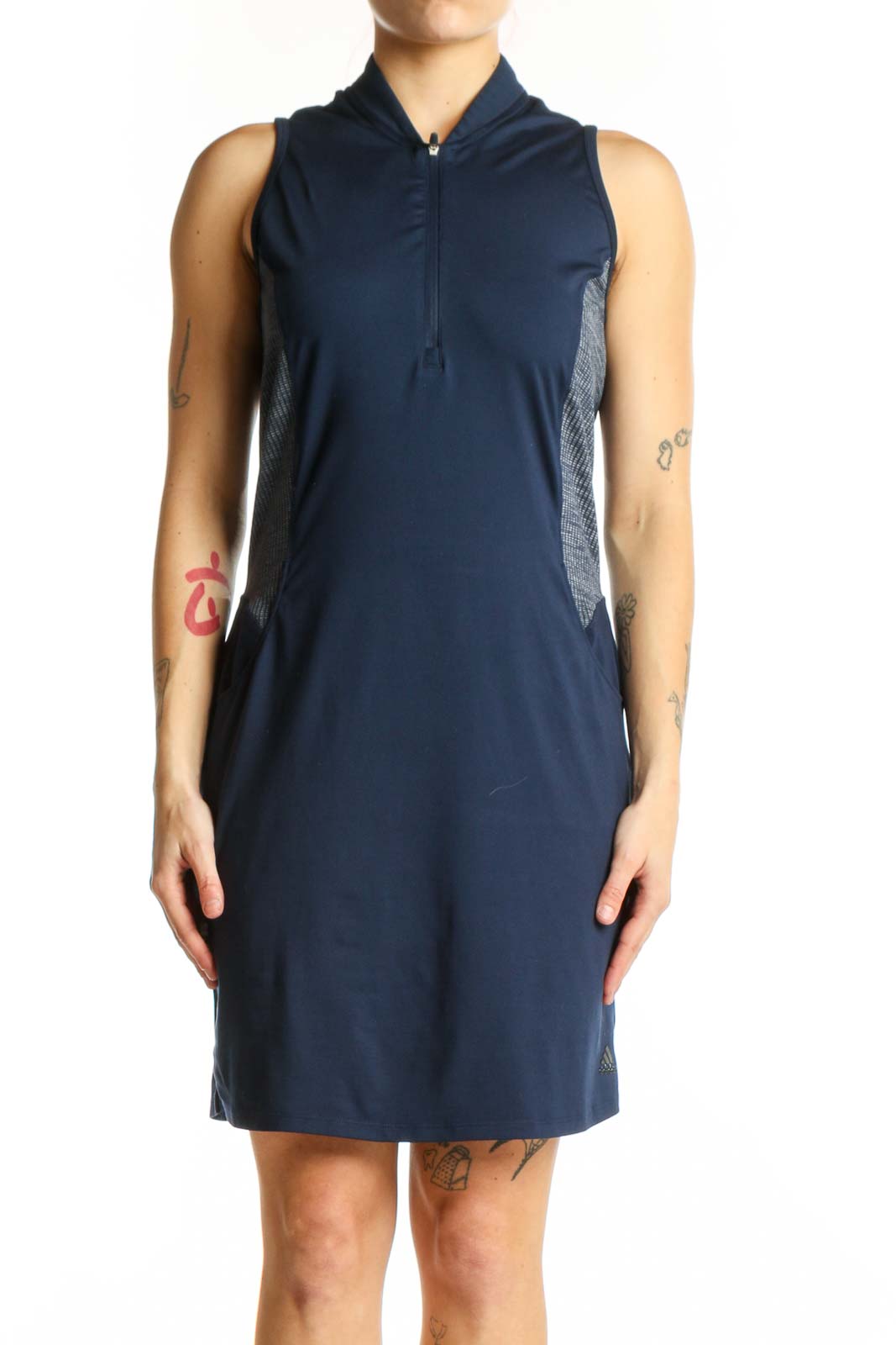 Navy Hooded Athletic Dress with Mesh Panels Front