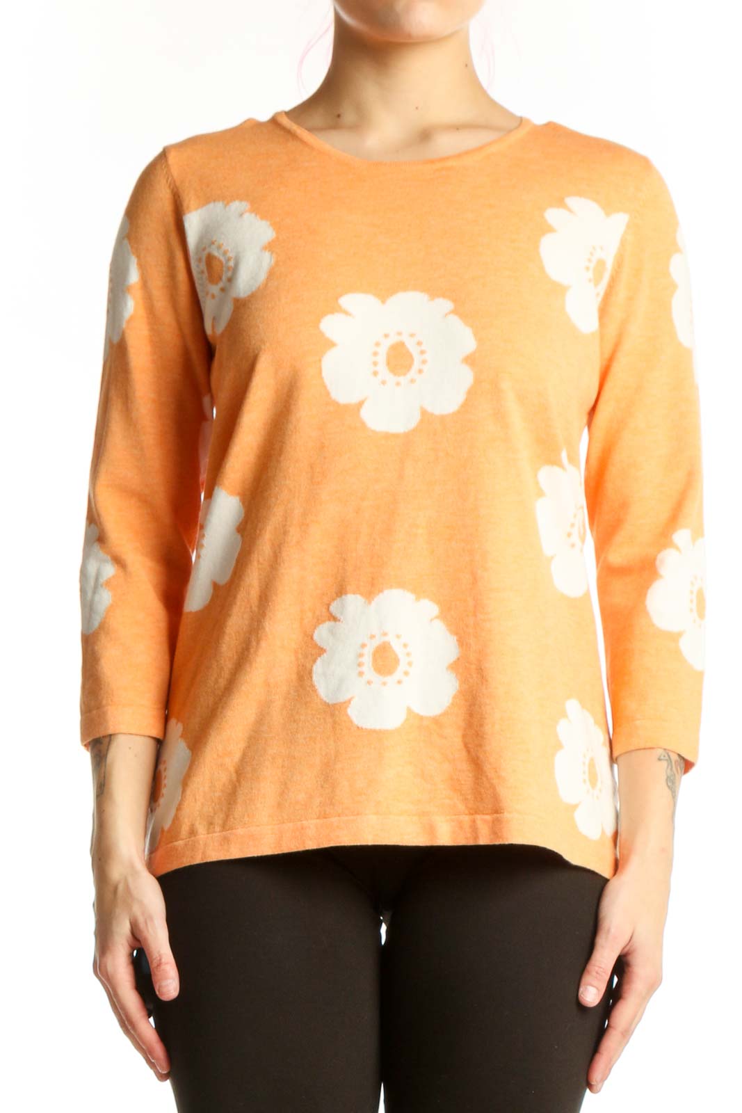 Orange Floral Print Viscose Spandex Top Front