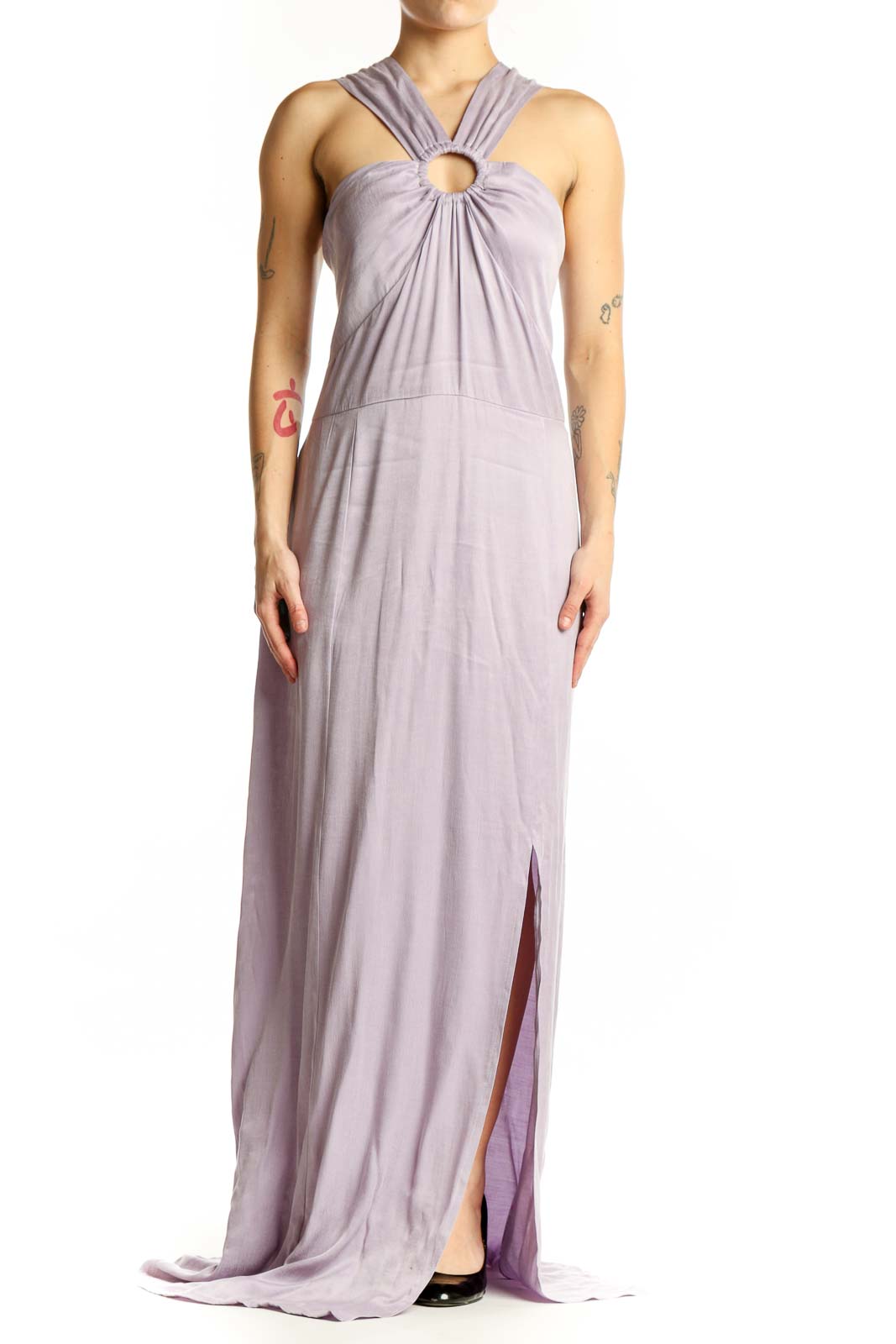Lavender Halter Maxi Dress with Twisted Neckline Front