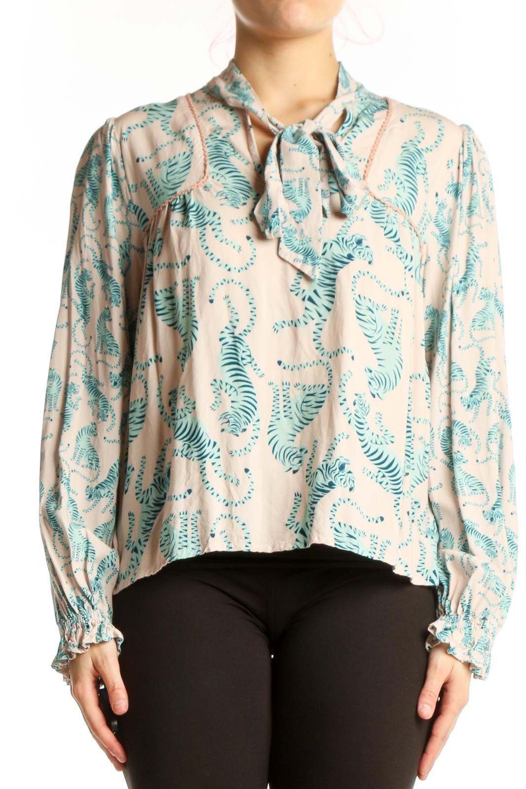 Cream Fern Print Viscose Blouse with Tie Neck Front