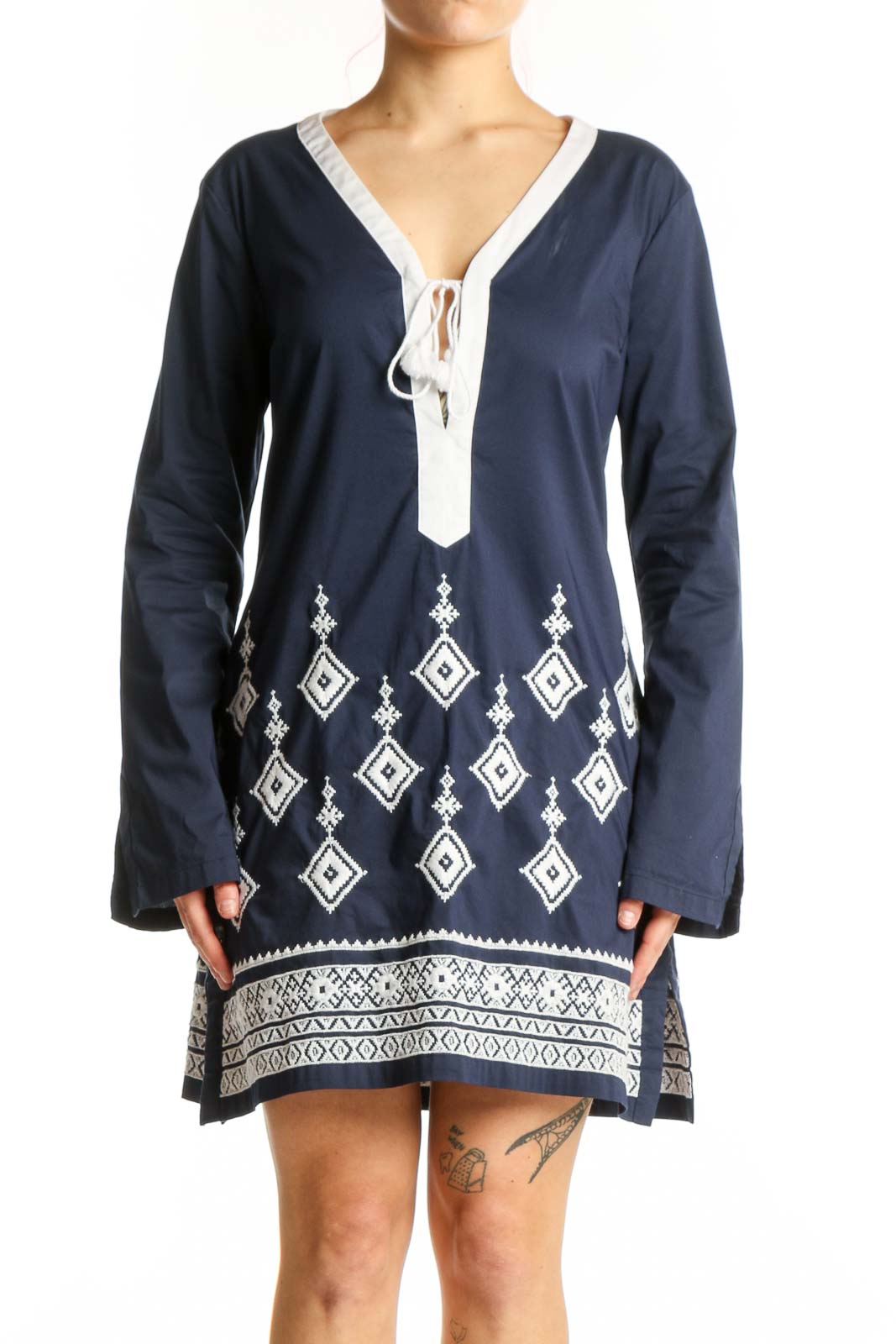 Navy Geometric Embroidered Tunic Dress Front
