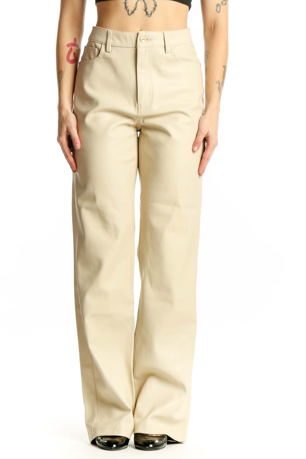 Cream High-Waisted Wide-Leg Pants Front