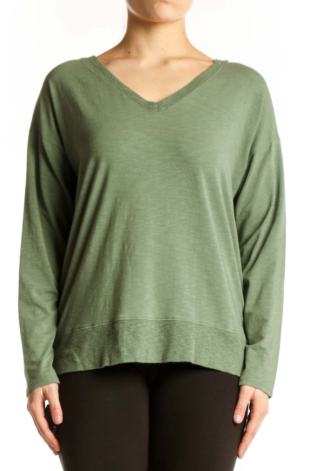 Green V-Neck Long Sleeve Top Front
