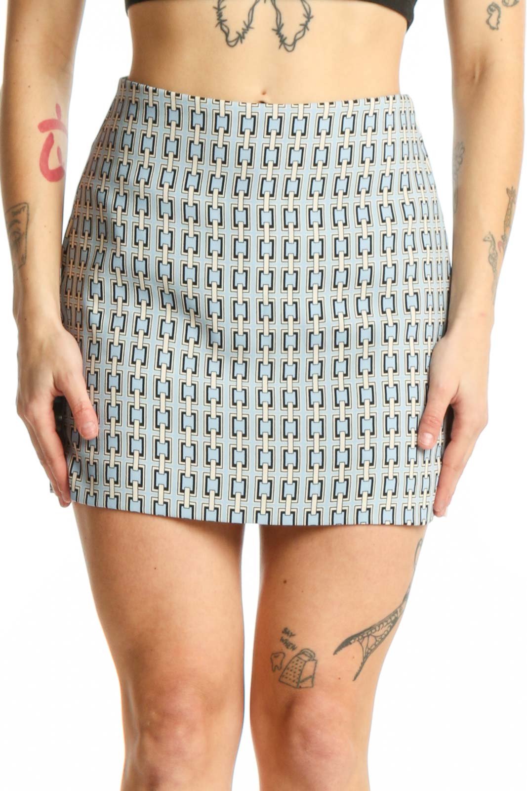 Blue Geometric Mini Skirt Front