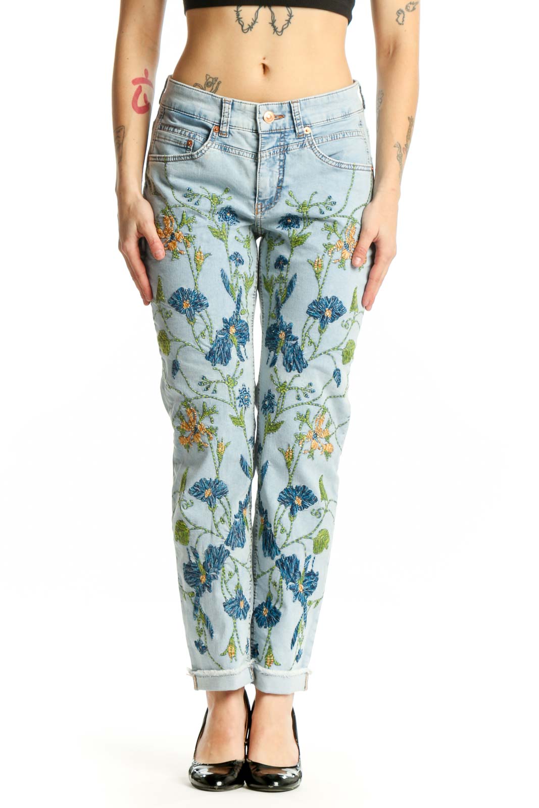 Light Blue Floral Printed Denim Jeans Front