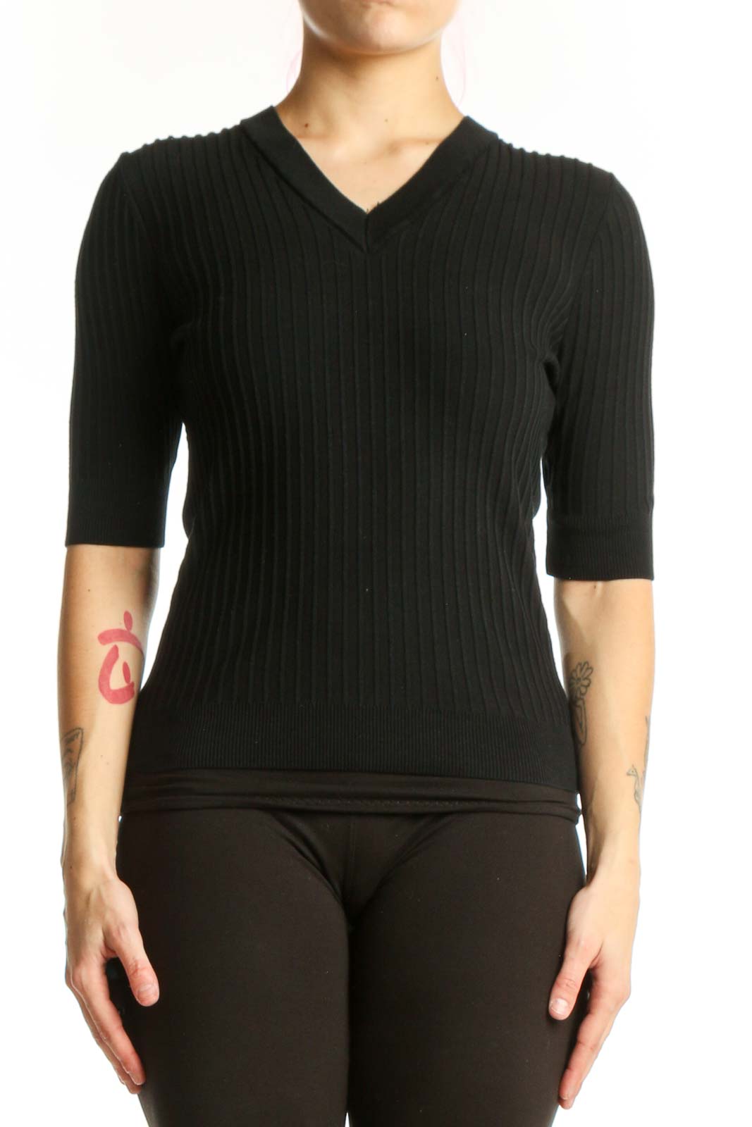 Black Ribbed V-Neck Half Sleeve Top Front