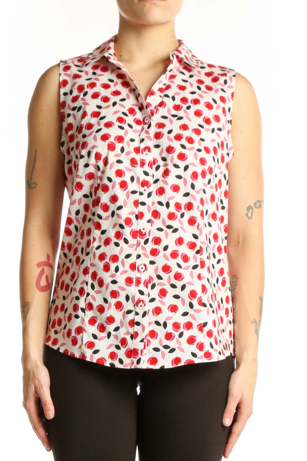 Red Floral Sleeveless Button-Up Top Front