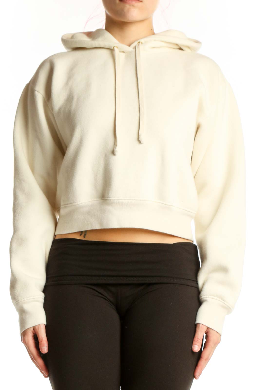 Cream Cropped Hoodie Sweatshirt Front