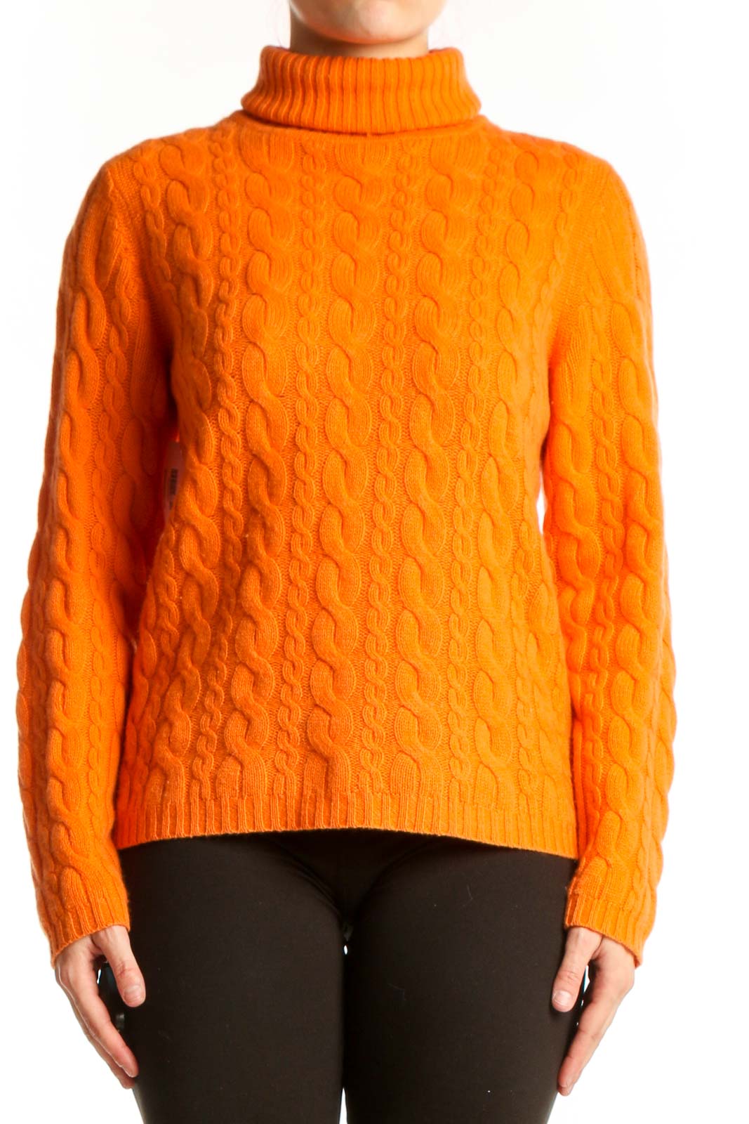 Orange Cashmere Cable Knit Turtleneck Front