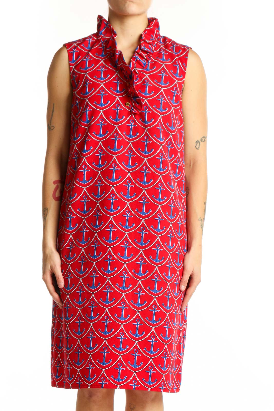 Red Anchor Print Sleeveless Shirt Dress Front