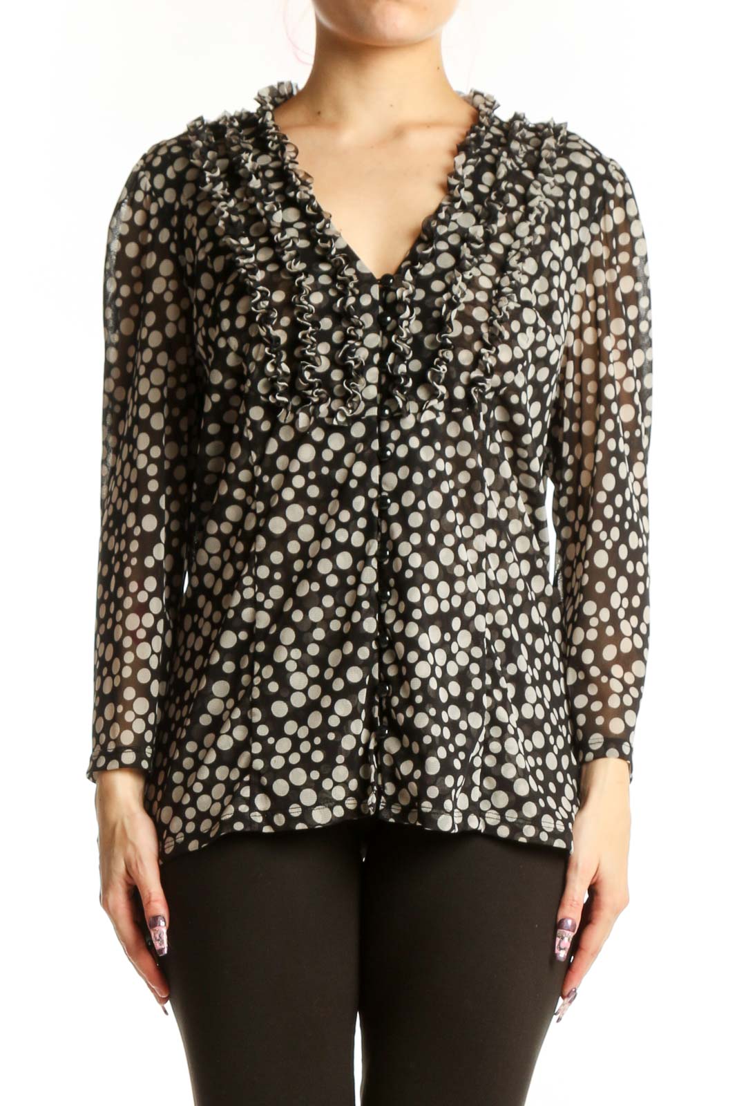 Black Polka Dot Ruffle V-Neck Blouse Front