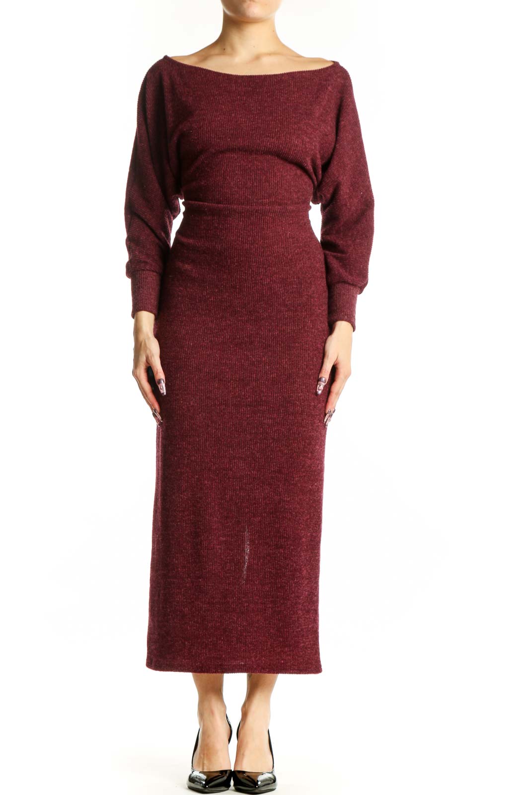 Burgundy Long Sleeve Knit Midi Dress Front