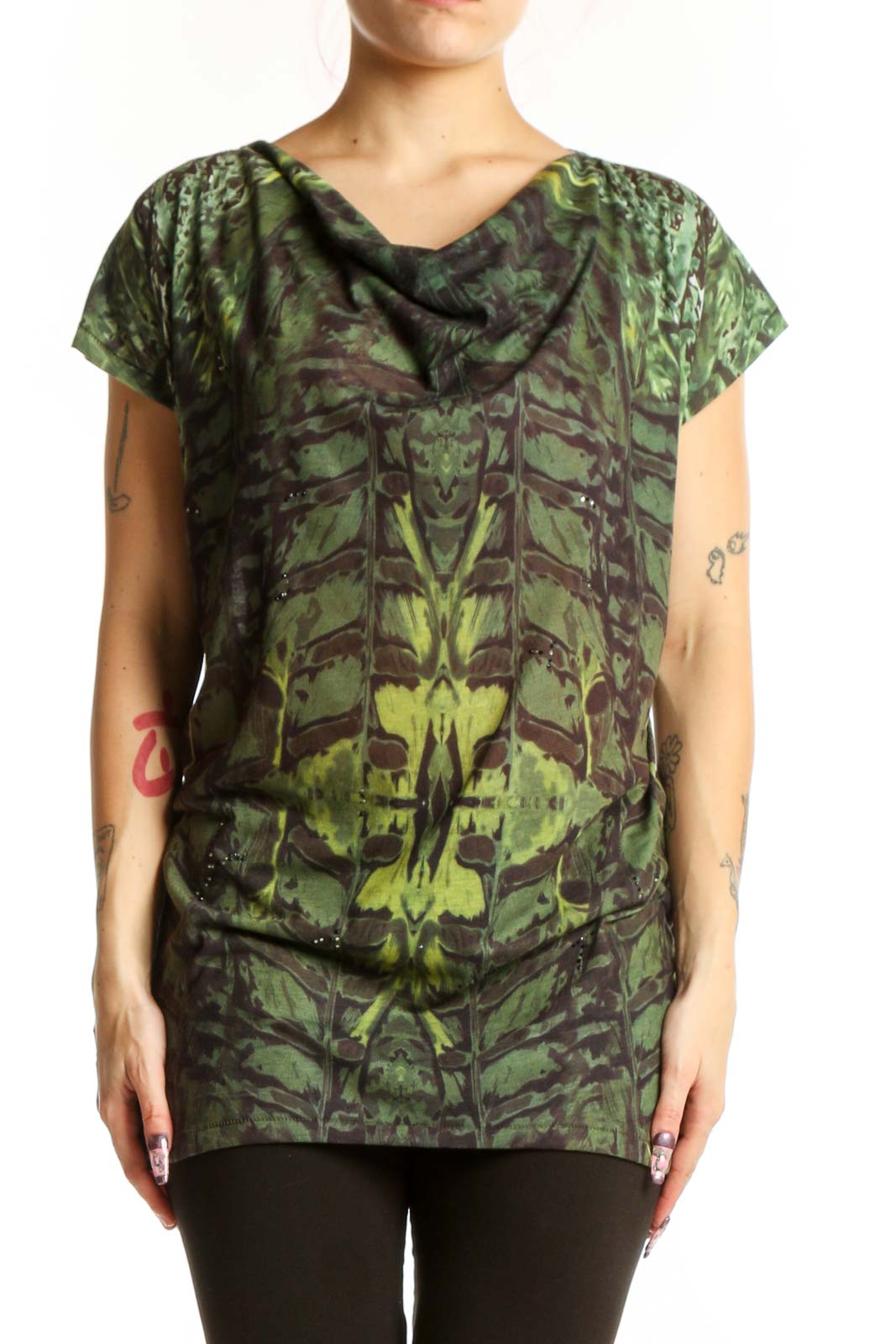 Green Ornamental Print Short Sleeve Top Front
