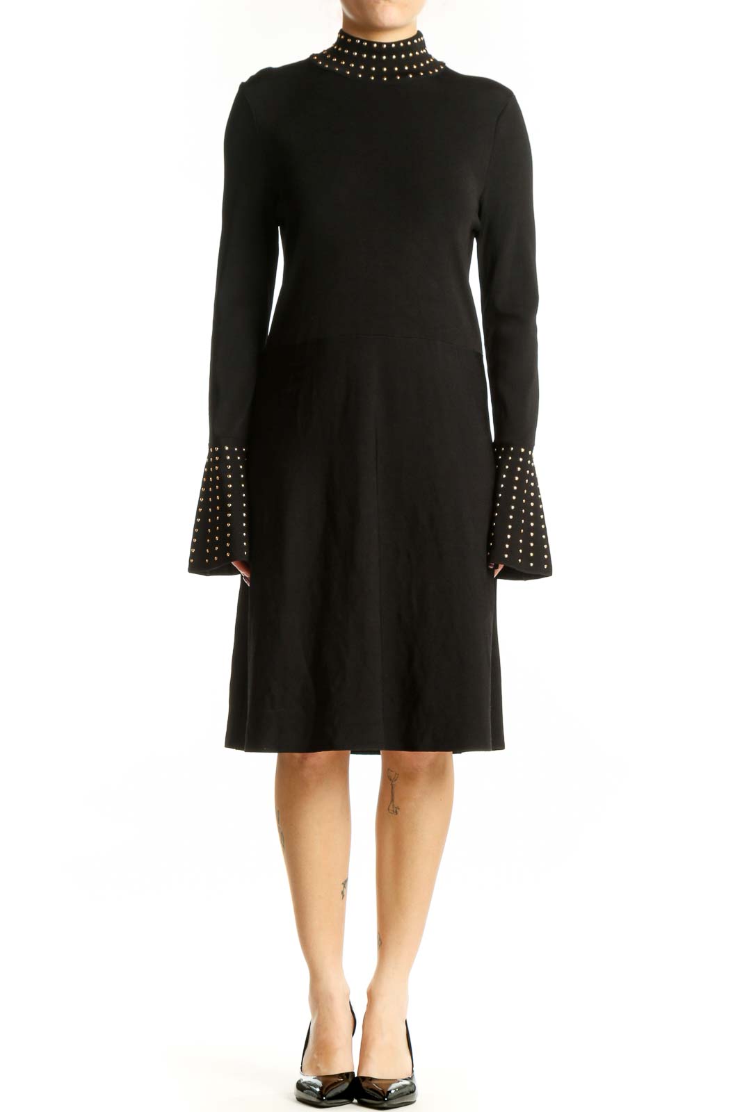 Black Studded Mock Neck Midi Dress Front