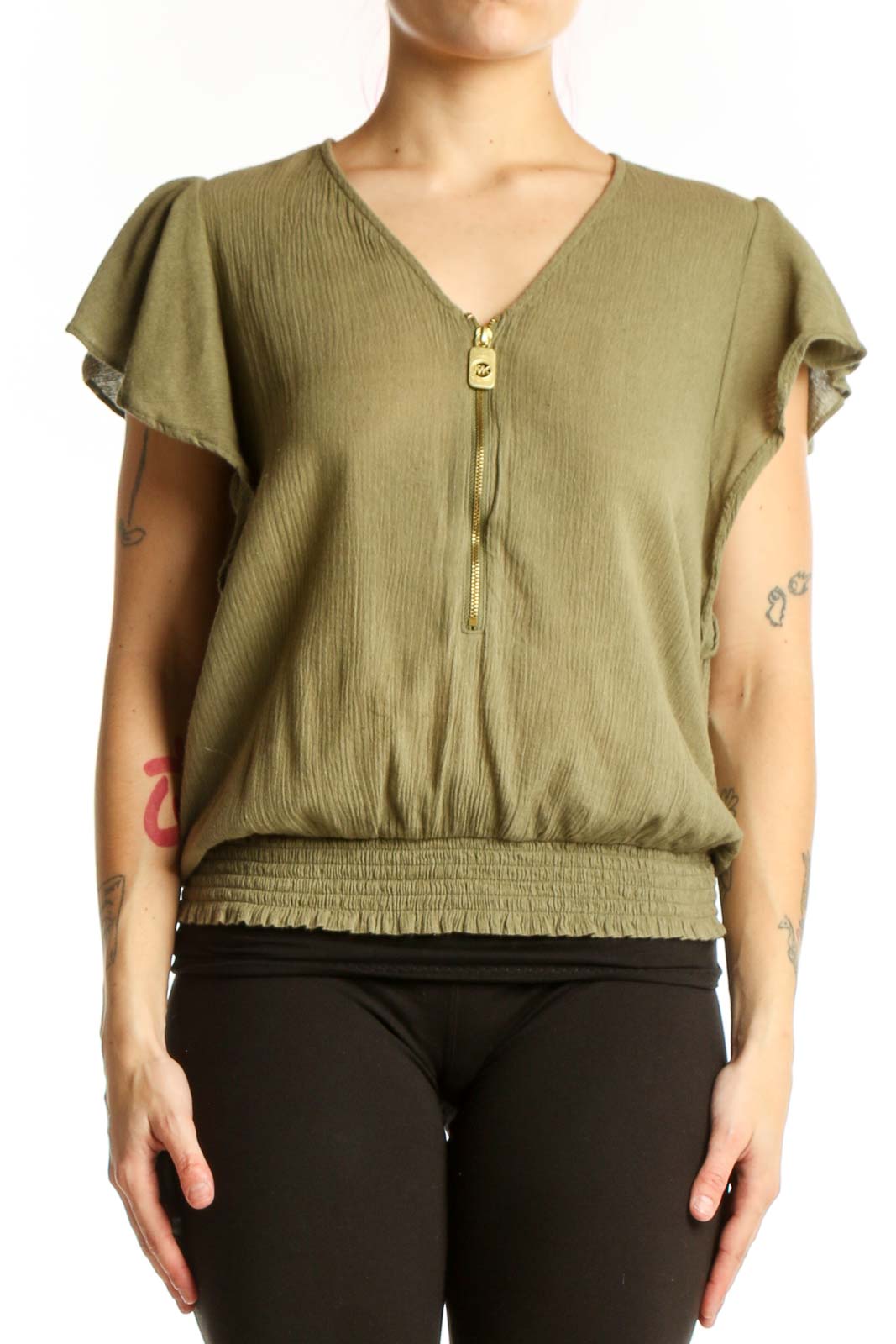 Sage Green Flutter Sleeve Blouson Top Front