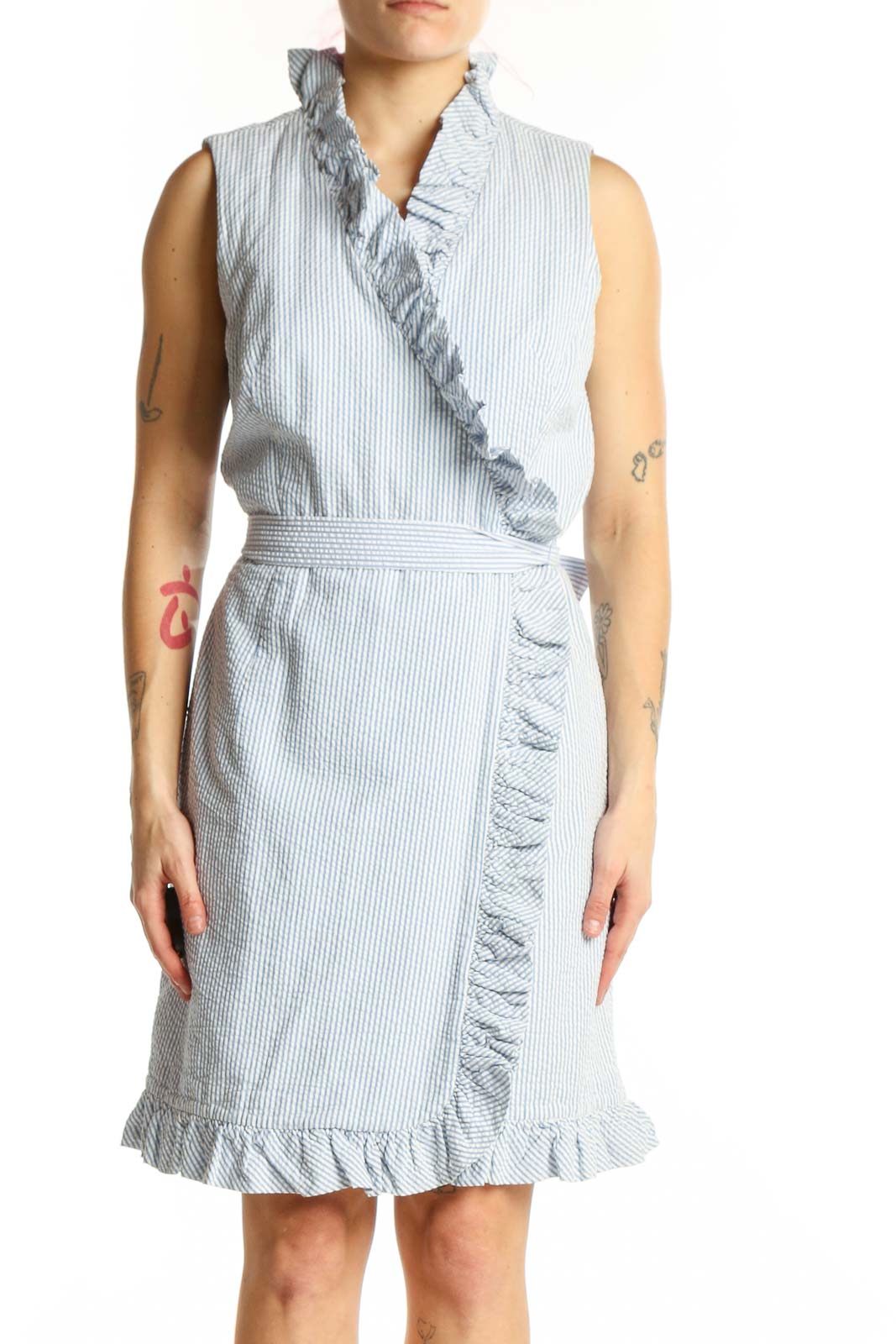 Blue Striped Cotton Wrap Dress Front