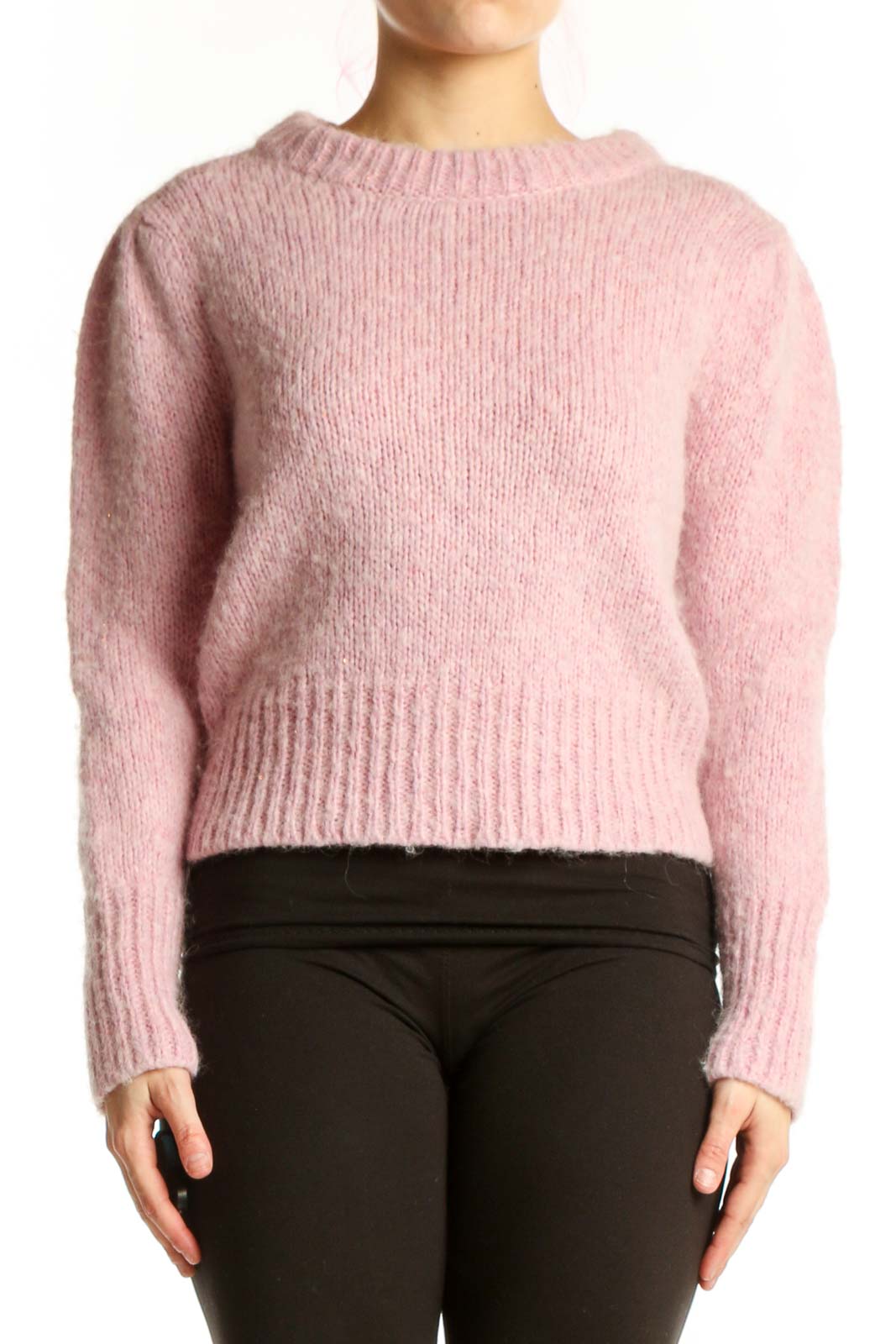 Pink Cropped Knit Pullover Sweater Front