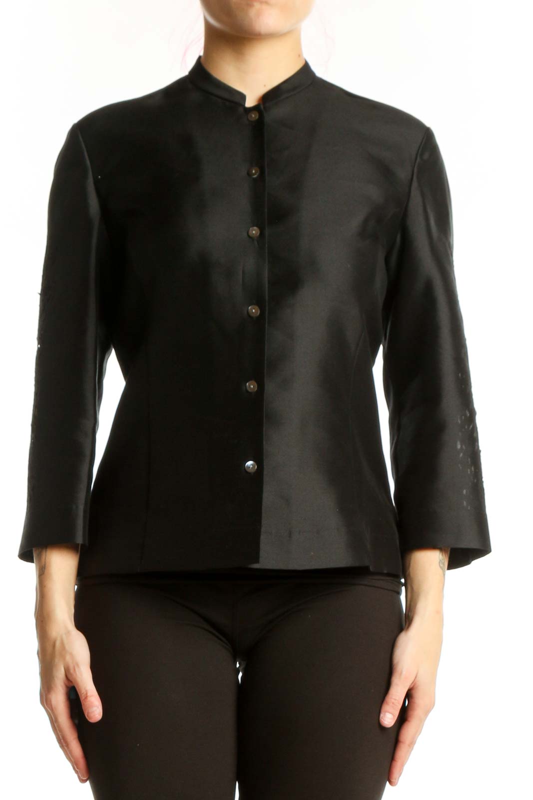 Black Silk Button-Front Jacket Front