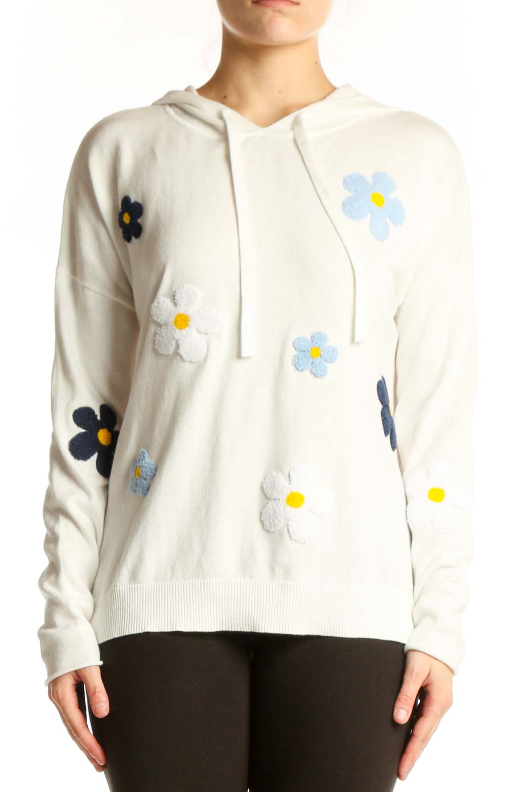 Cream Floral Embroidered Cotton Hoodie Front