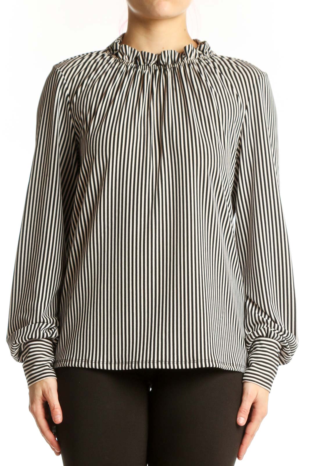 Black and White Striped Blouse with Gathered Neckline Front