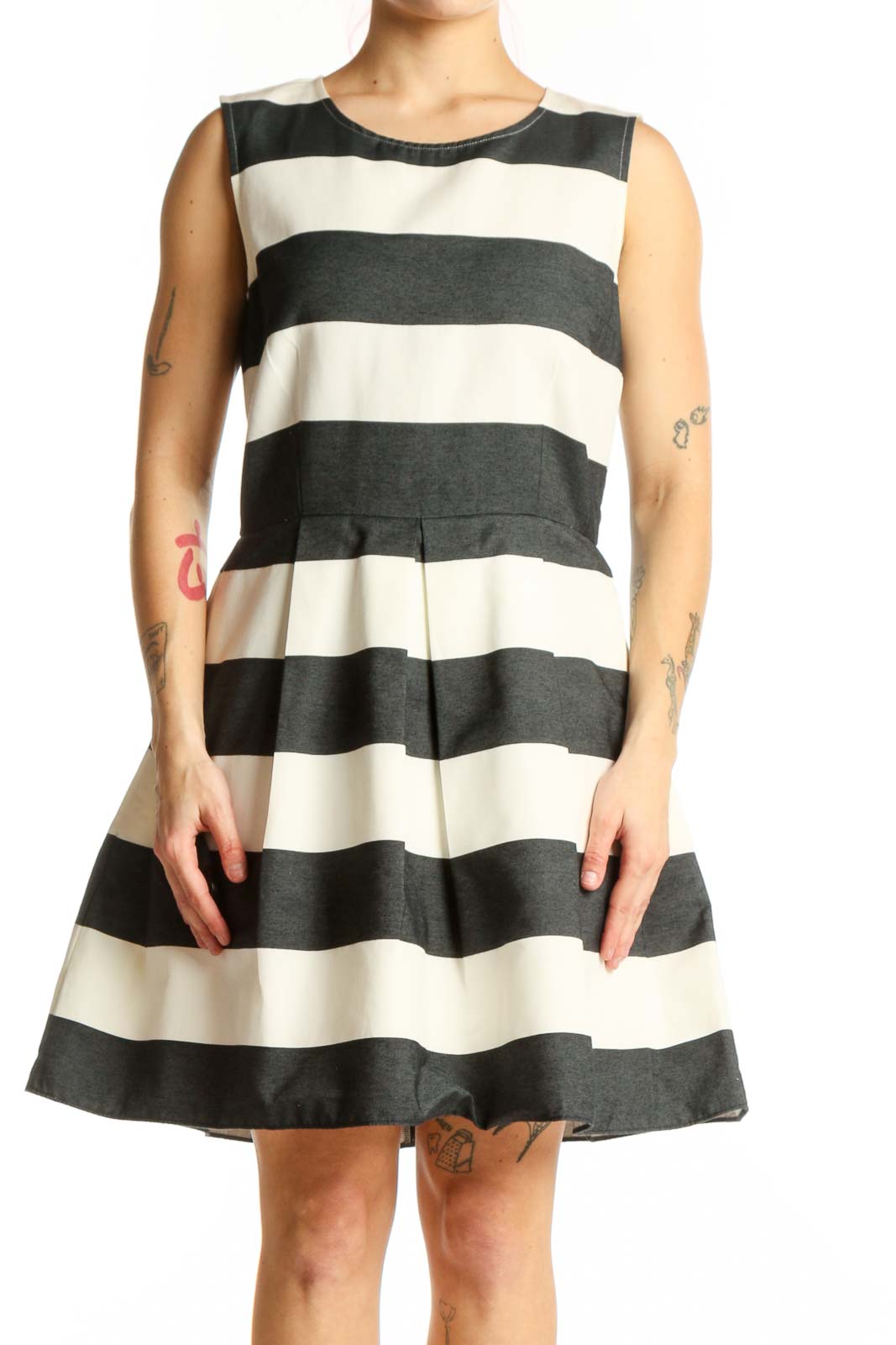 Black and Cream Striped A-Line Dress Front