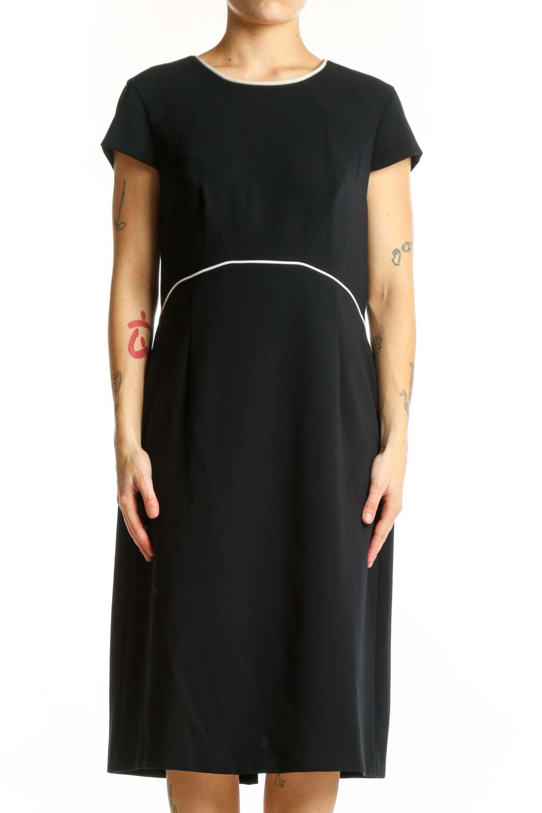 Black Short Sleeve A-Line Midi Dress Front
