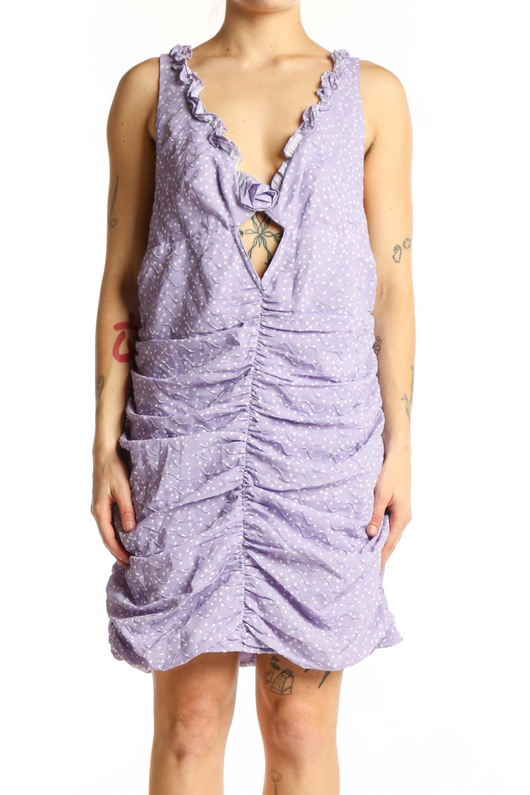 Lavender Ruched Polka Dot Dress Front