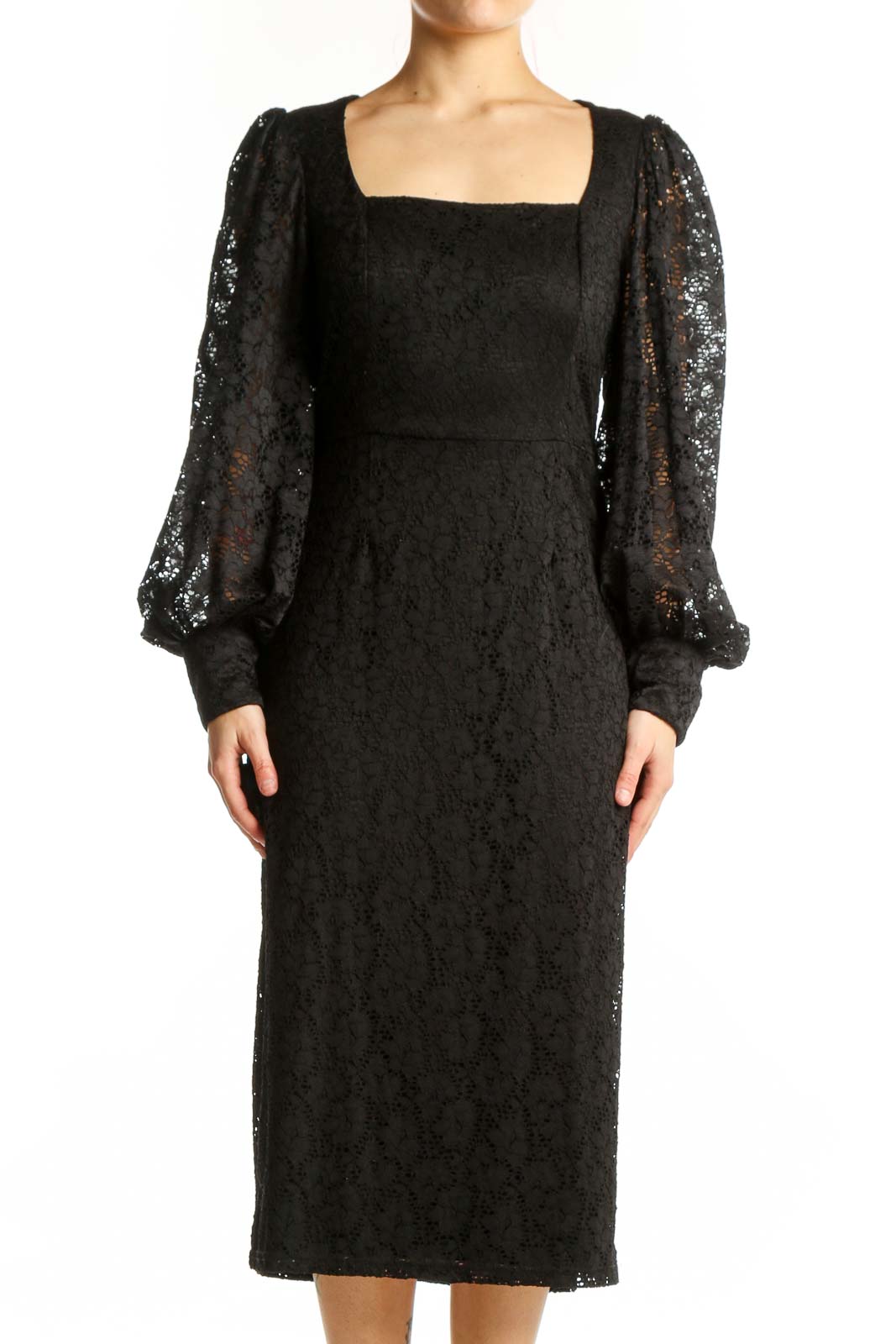 Black Lace Puff Sleeve Midi Dress Front