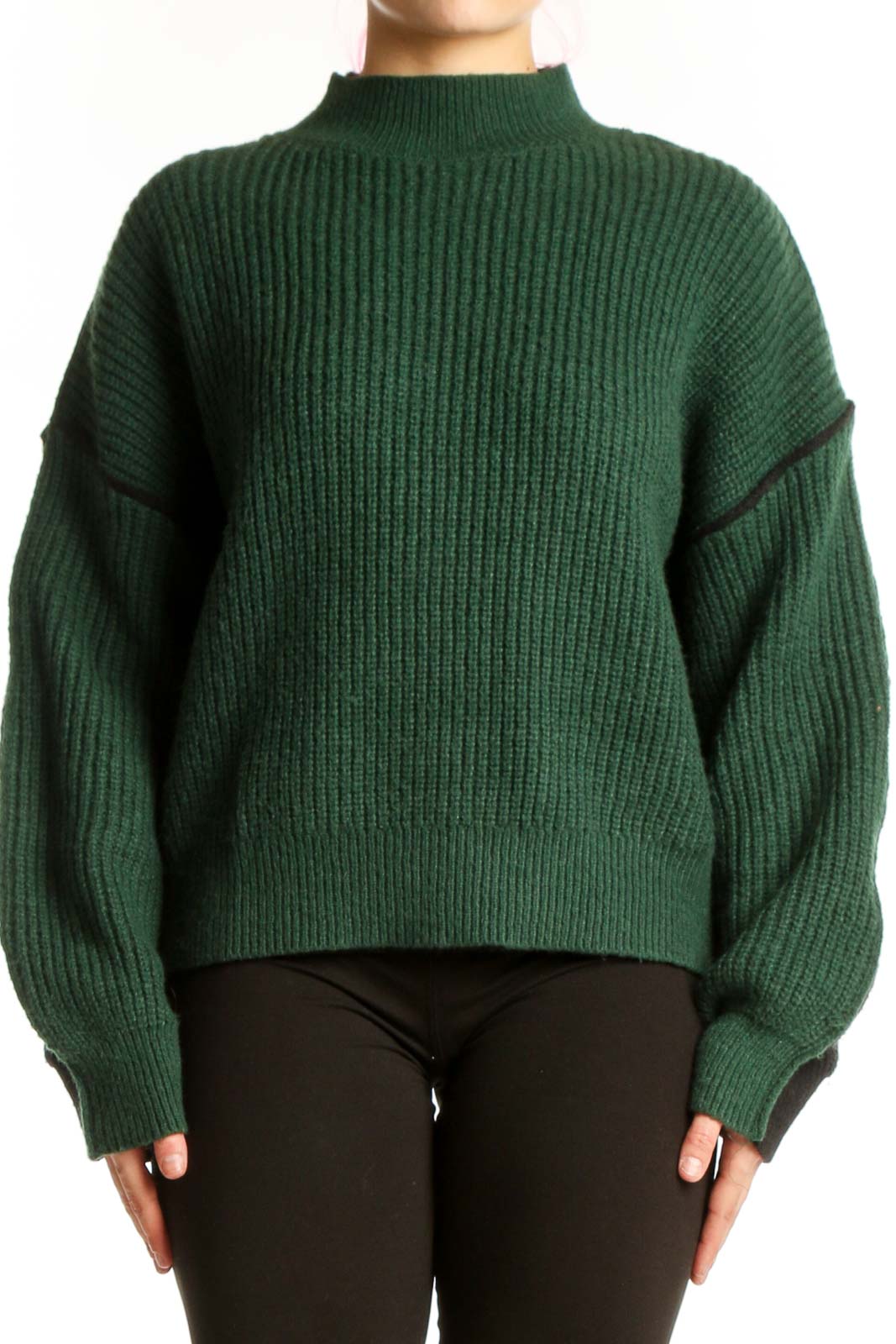 Green Ribbed Turtleneck Pullover Sweater Front