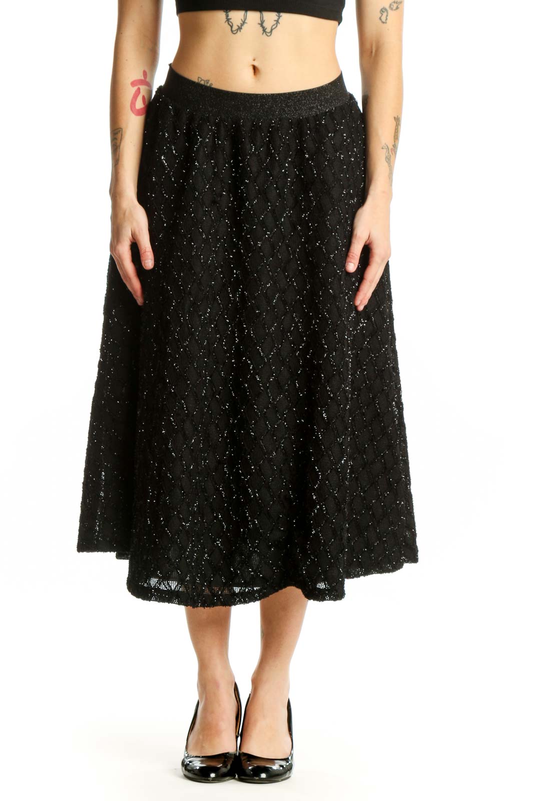 Black Sparkle A-Line Midi Skirt Front