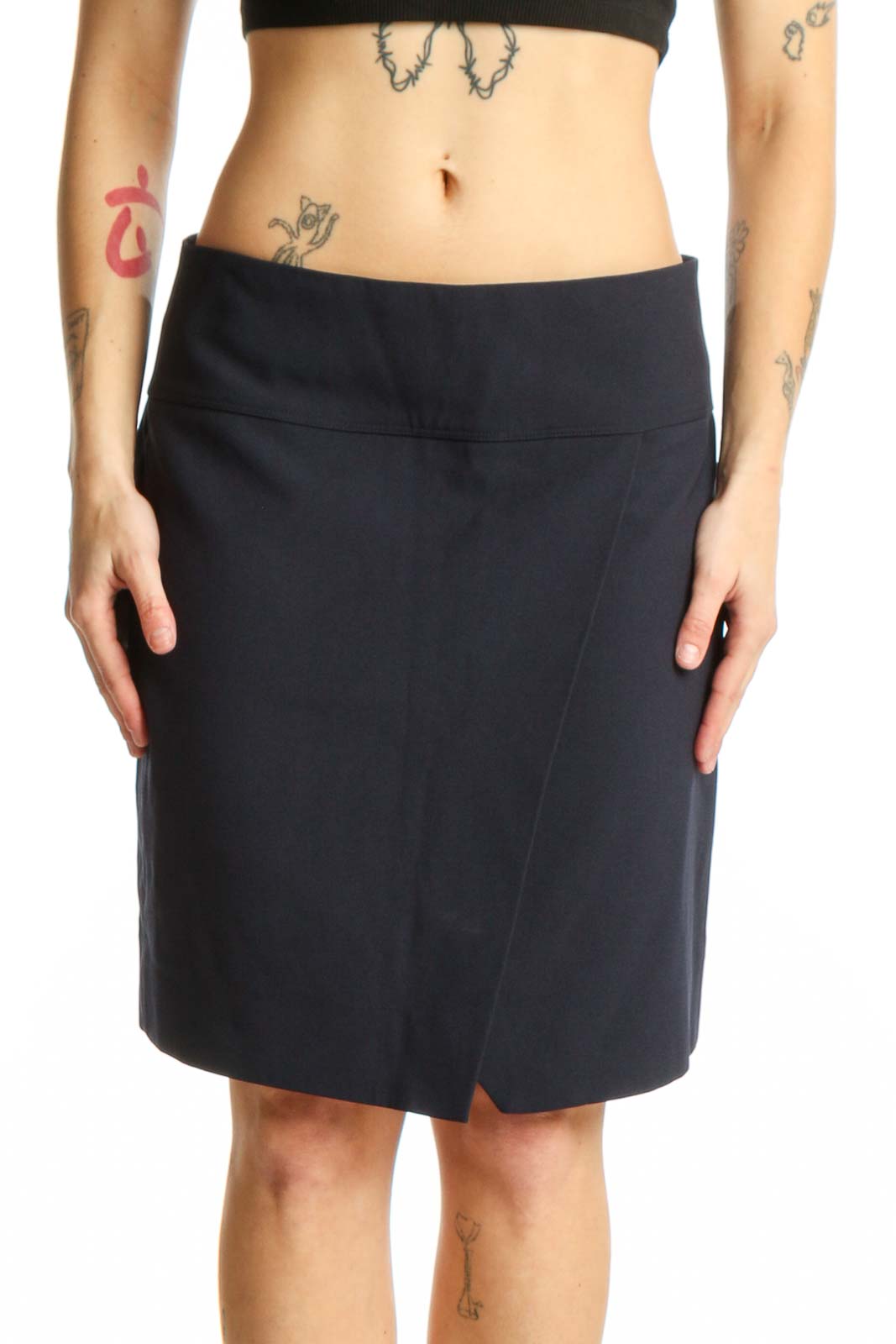 Navy Wrap Knee-Length Skirt Front