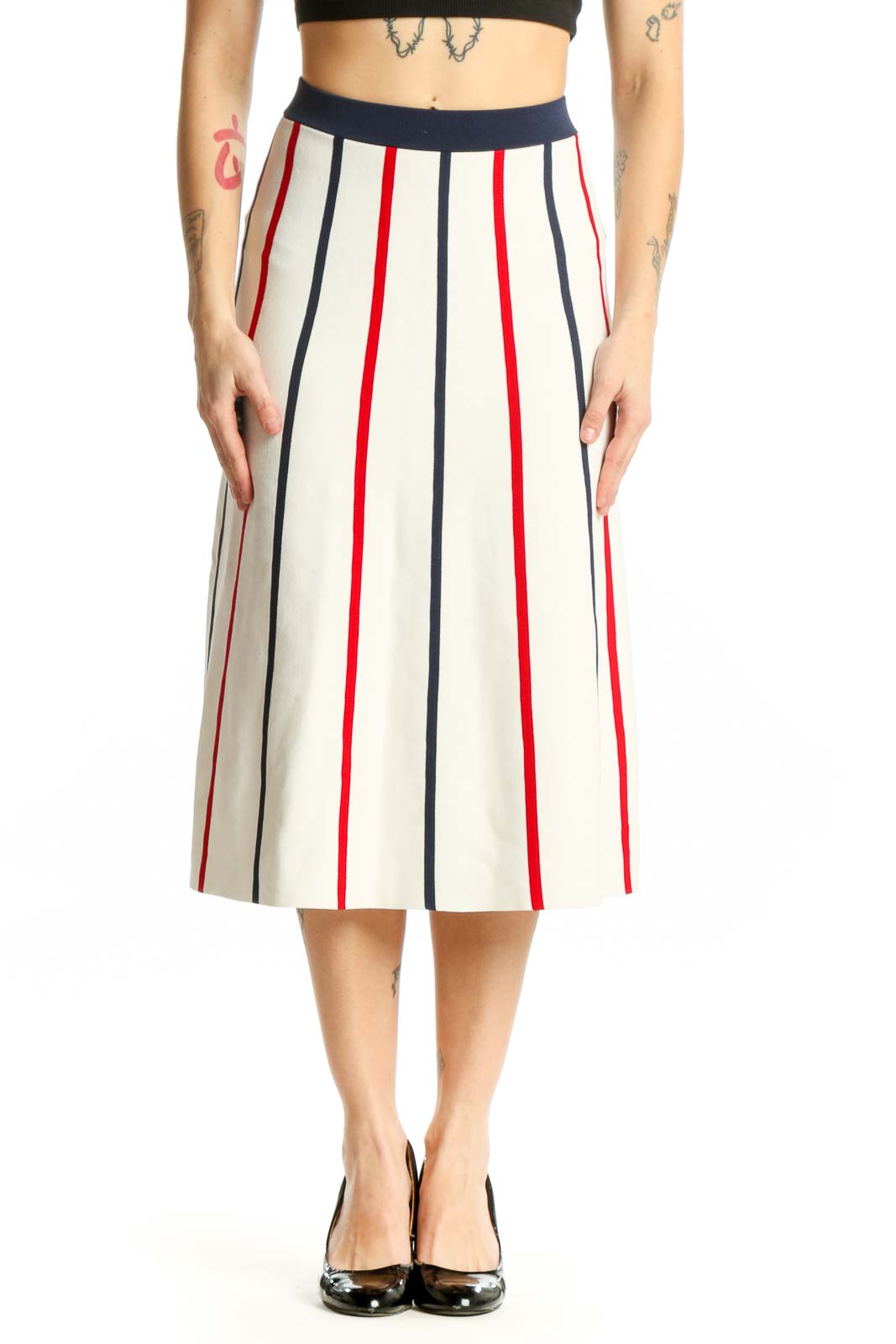 Cream Striped Pleated Midi Skirt Front
