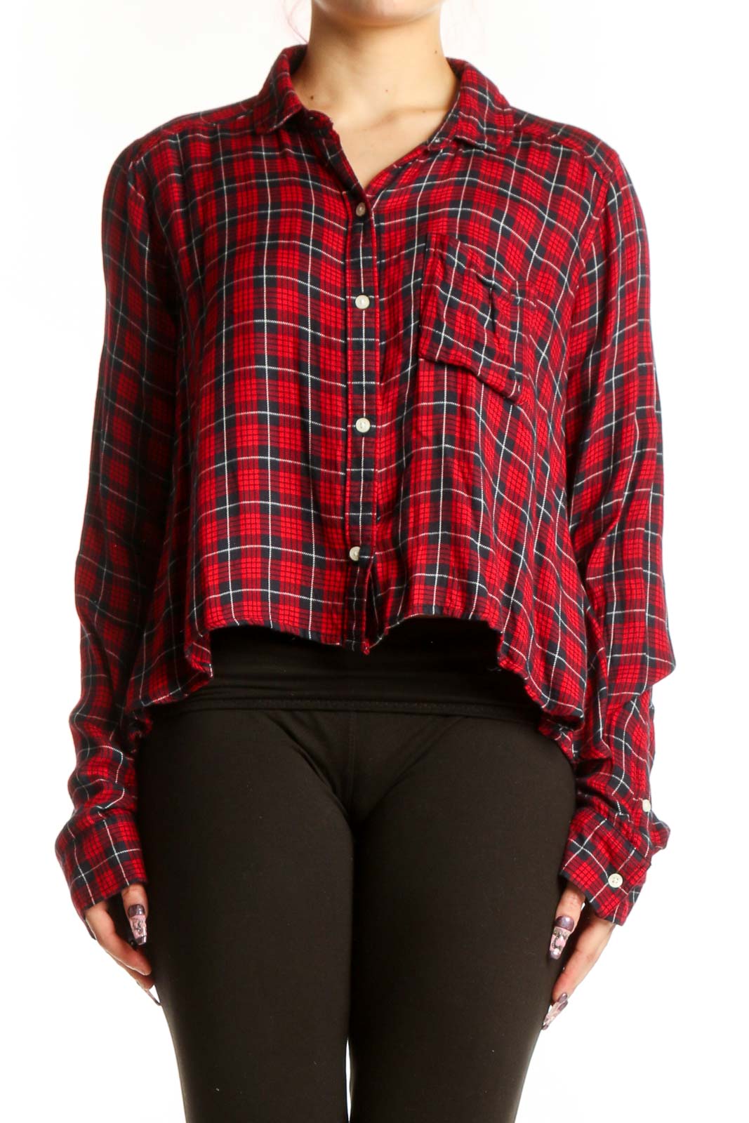 Red Plaid Viscose Button-Up Shirt Front