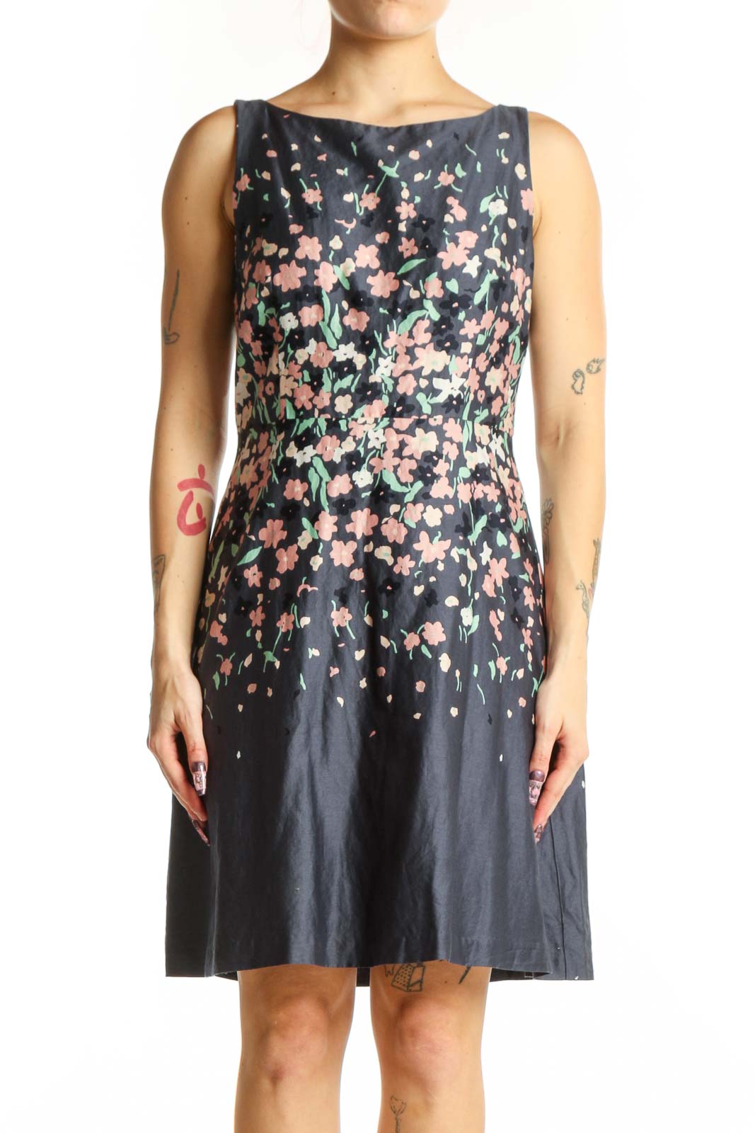 Navy Floral A-Line Midi Dress Front