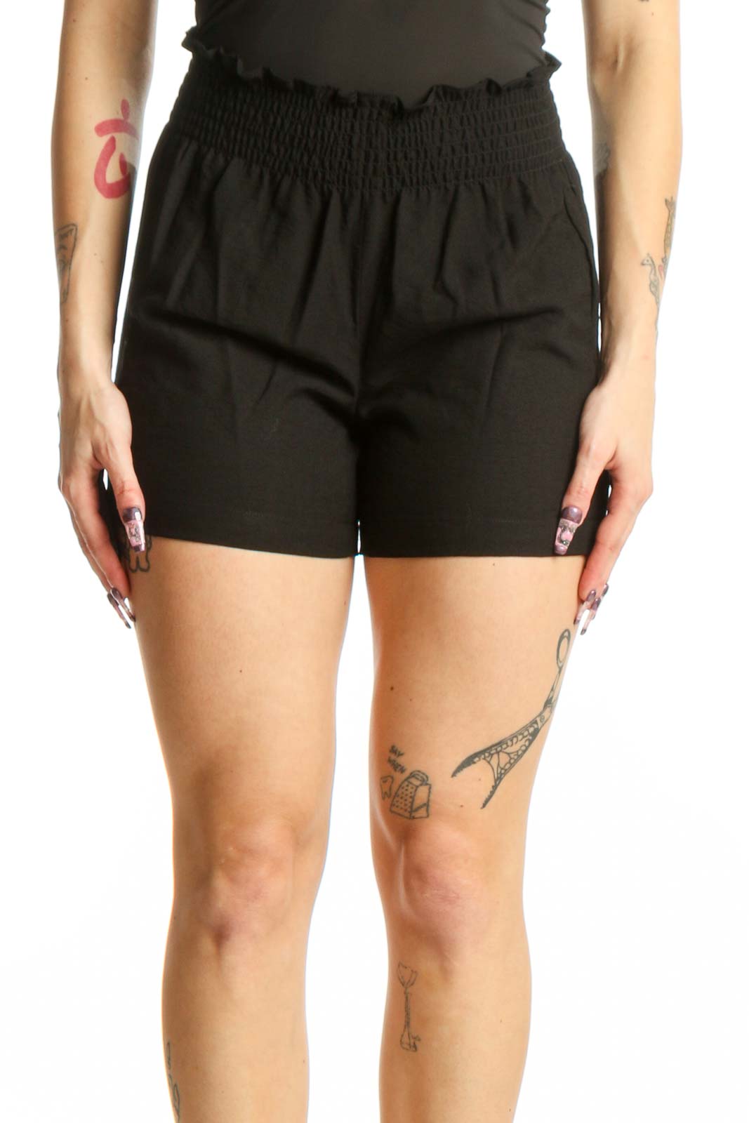 Black Paperbag Shorts with Smocked Waist Front