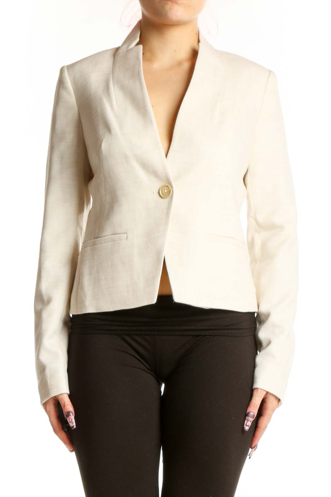 Cream Single Button Blazer Jacket Front