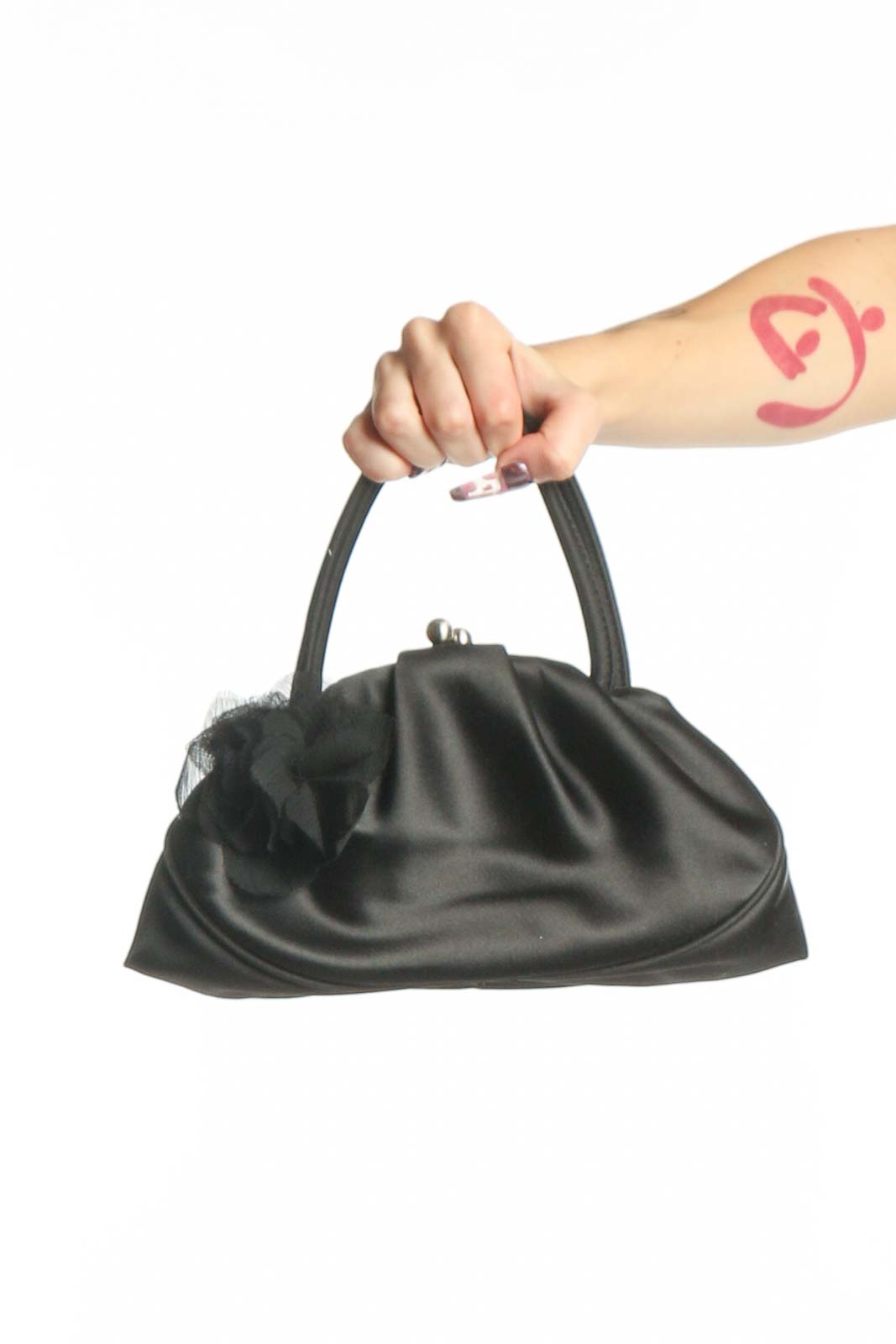 Black Satin Ruched Clutch Handbag Front