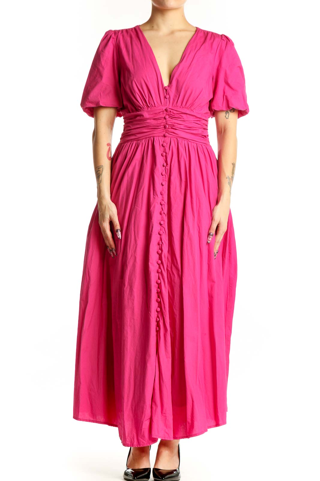Pink Puff Sleeve Maxi Dress Front