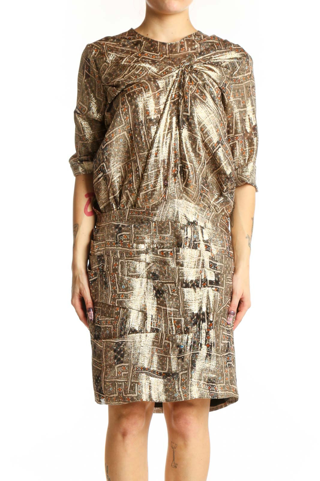 Gold Metallic Abstract Print Silk Dress Front
