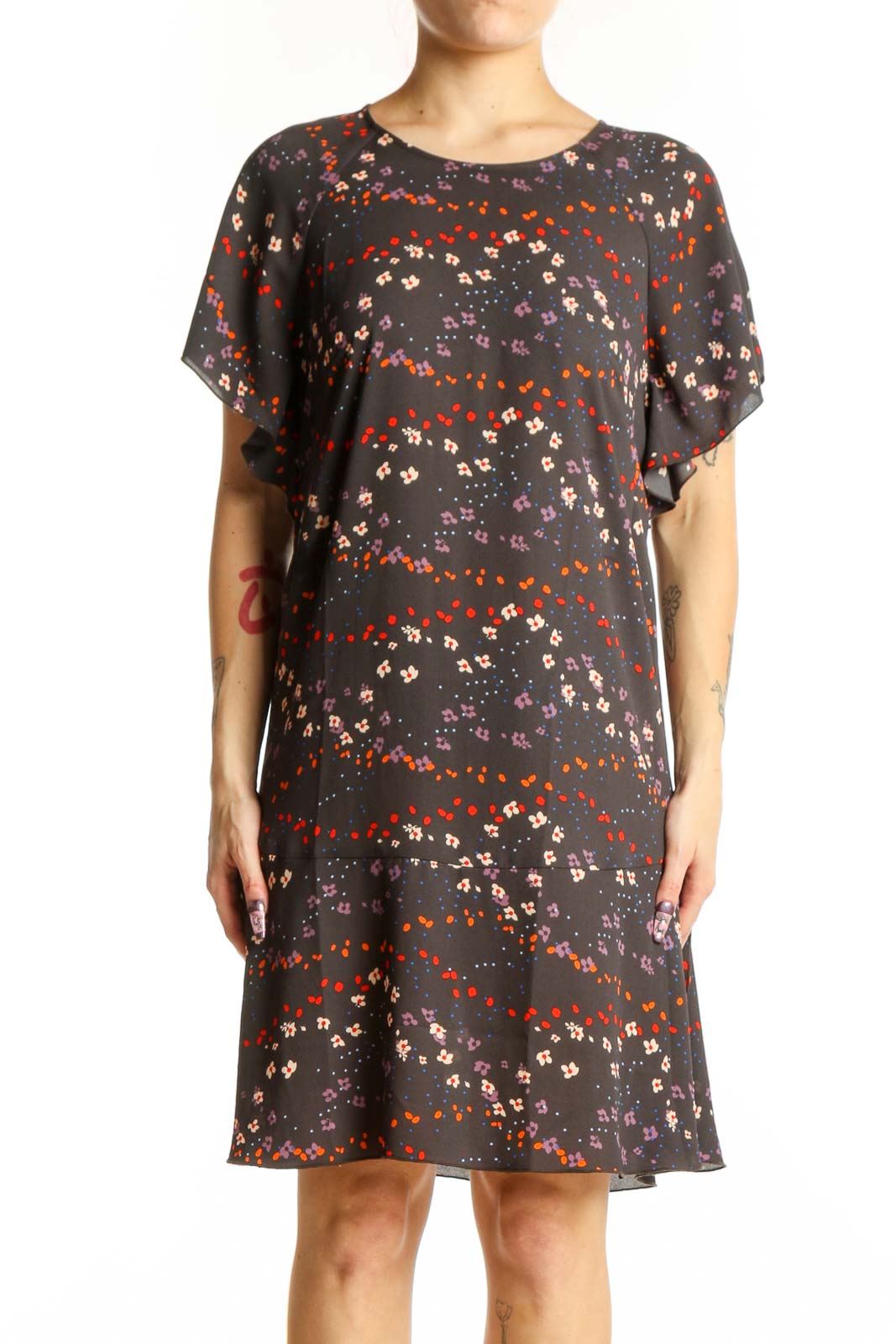 Black Floral Short Sleeve Dress Front