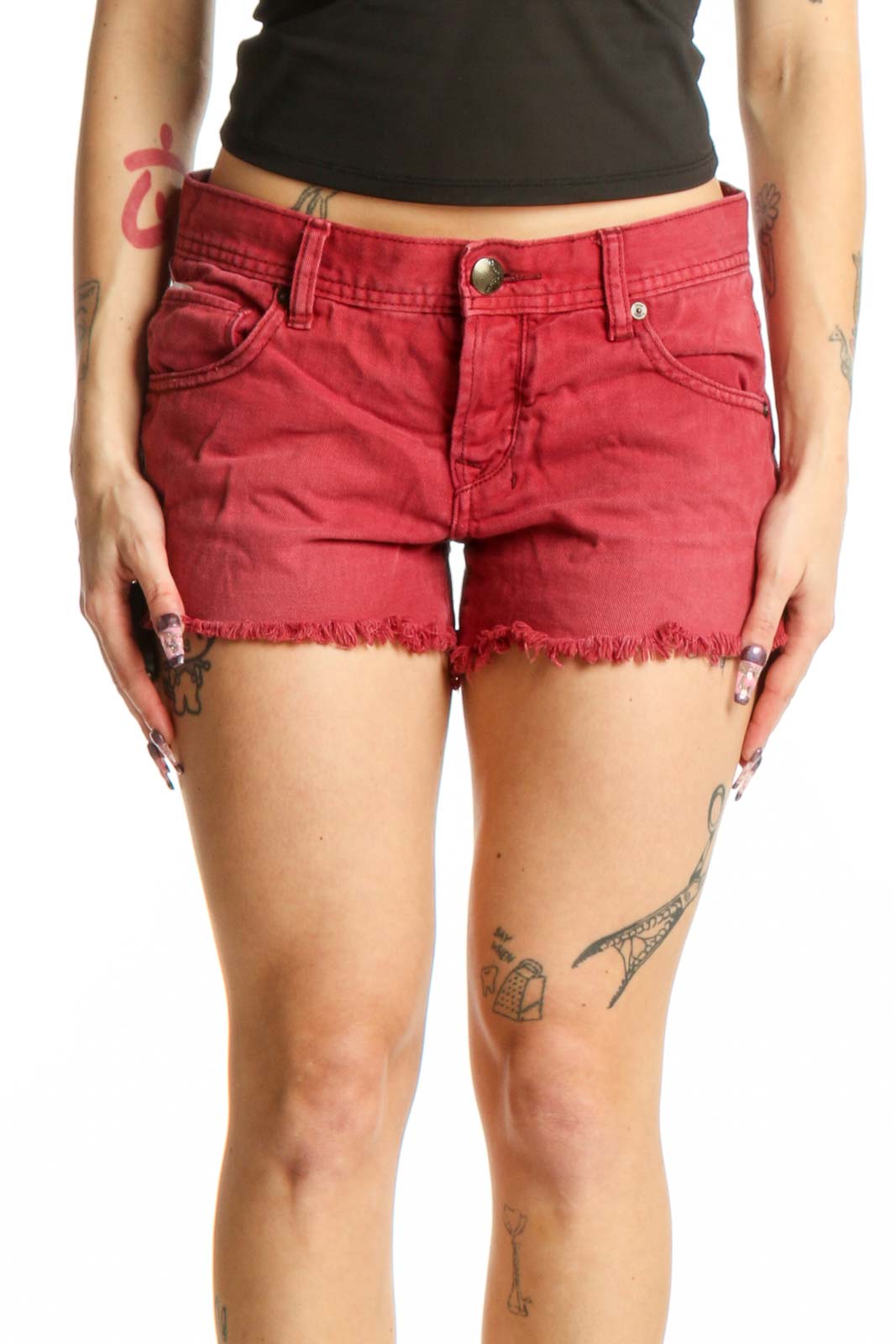 Red Distressed Cotton Denim Shorts Front