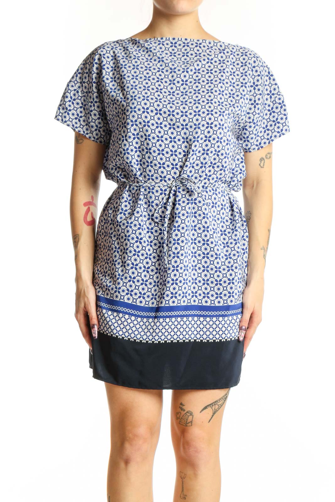 Blue Geometric Print Short Sleeve Dress Front