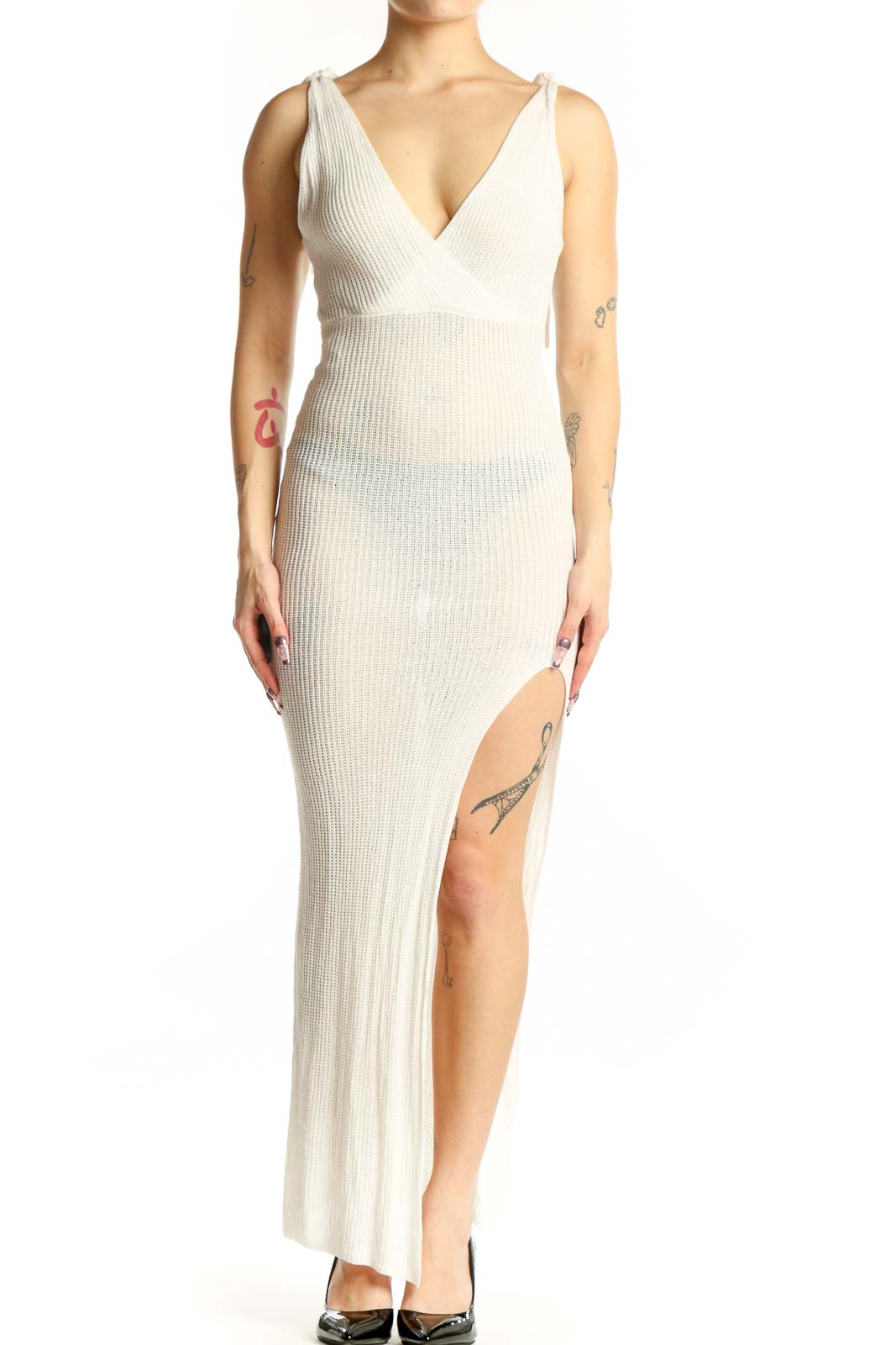 Cream Ribbed Wrap Maxi Dress Front
