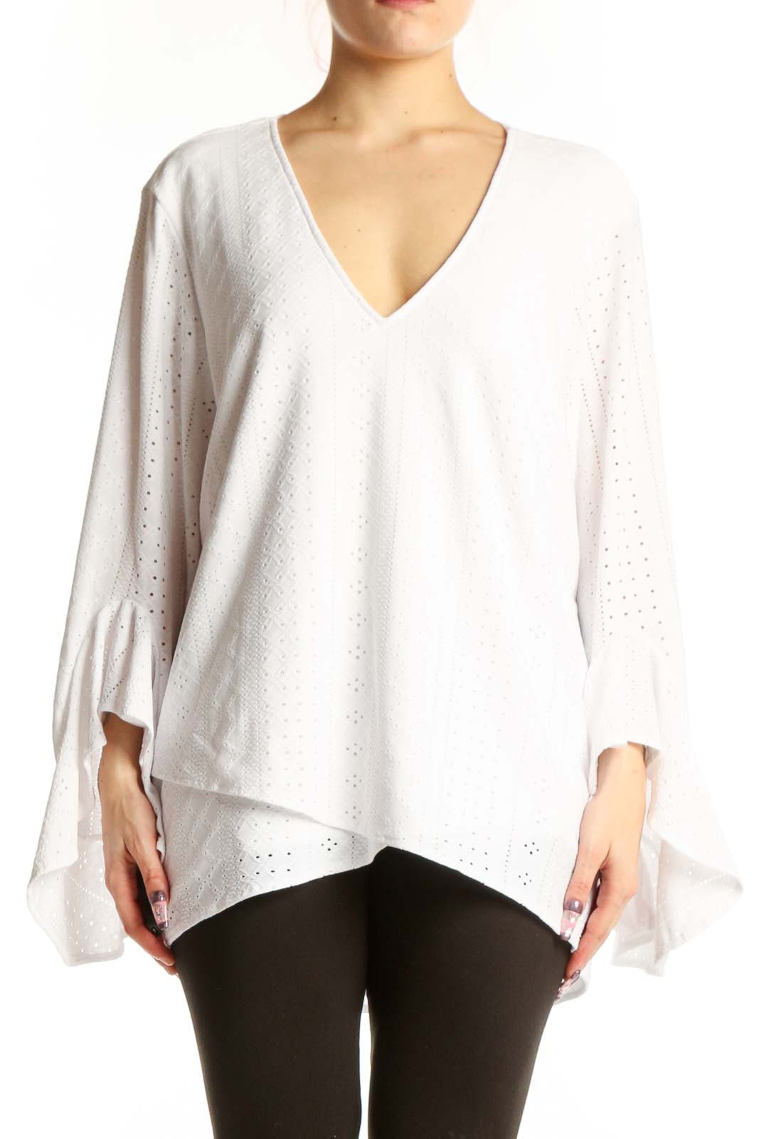 White Eyelet V-Neck Tunic Top Front