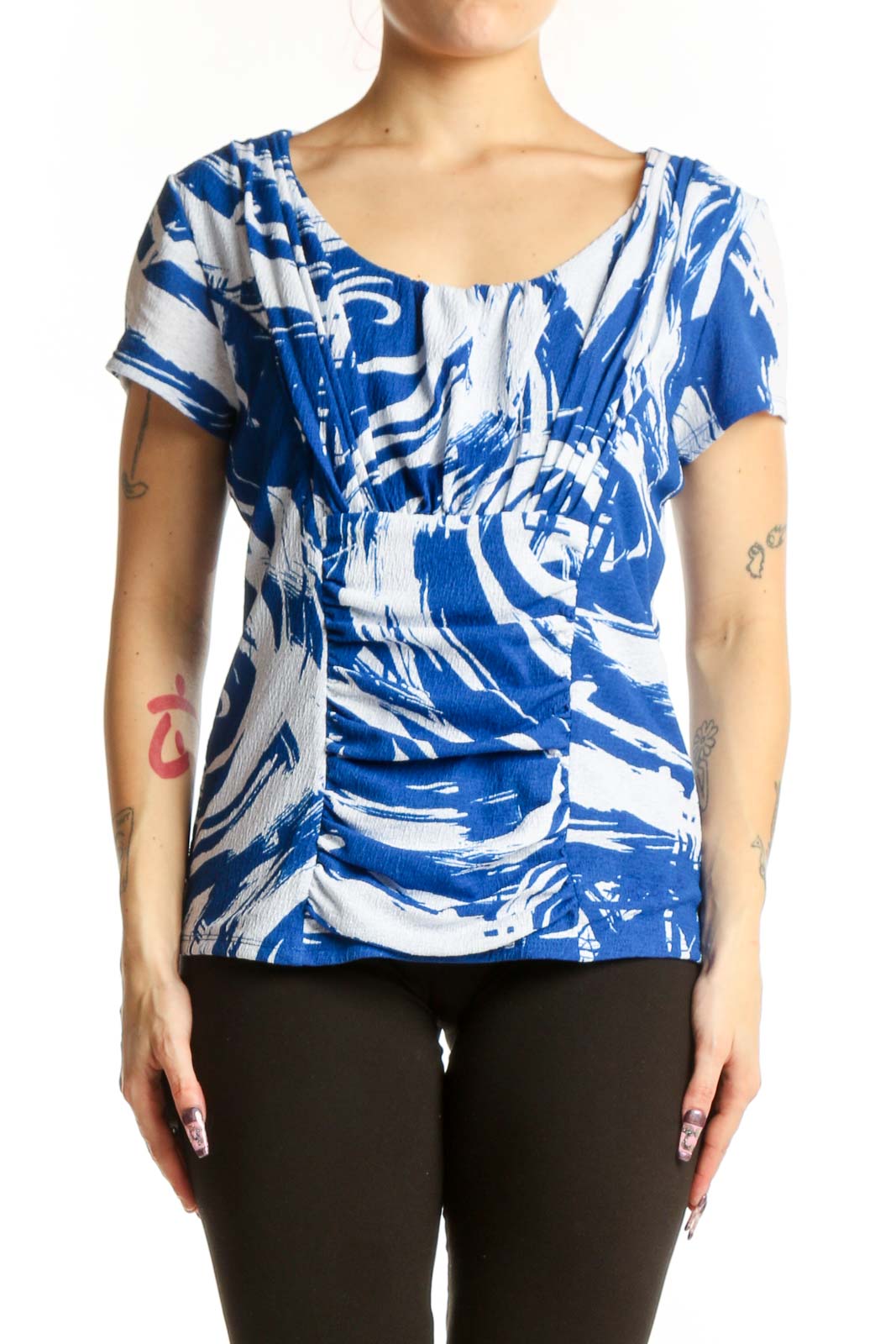 Blue White Abstract Print Short Sleeve Top Front