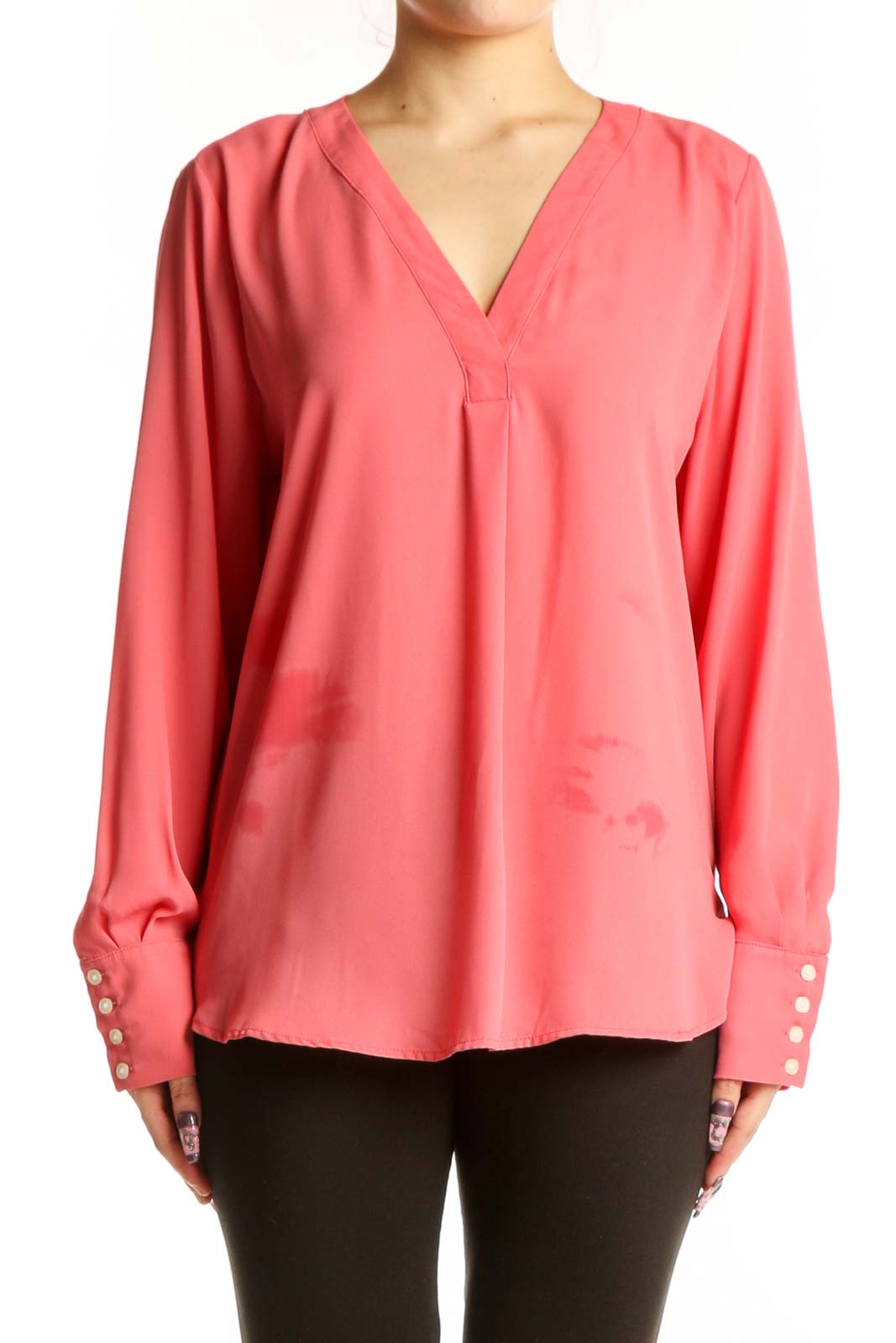 Coral Pink V-Neck Long Sleeve Blouse Front