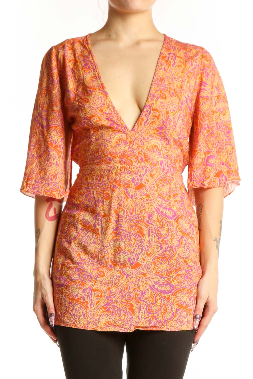Orange Paisley Print Rayon Wrap Top Front